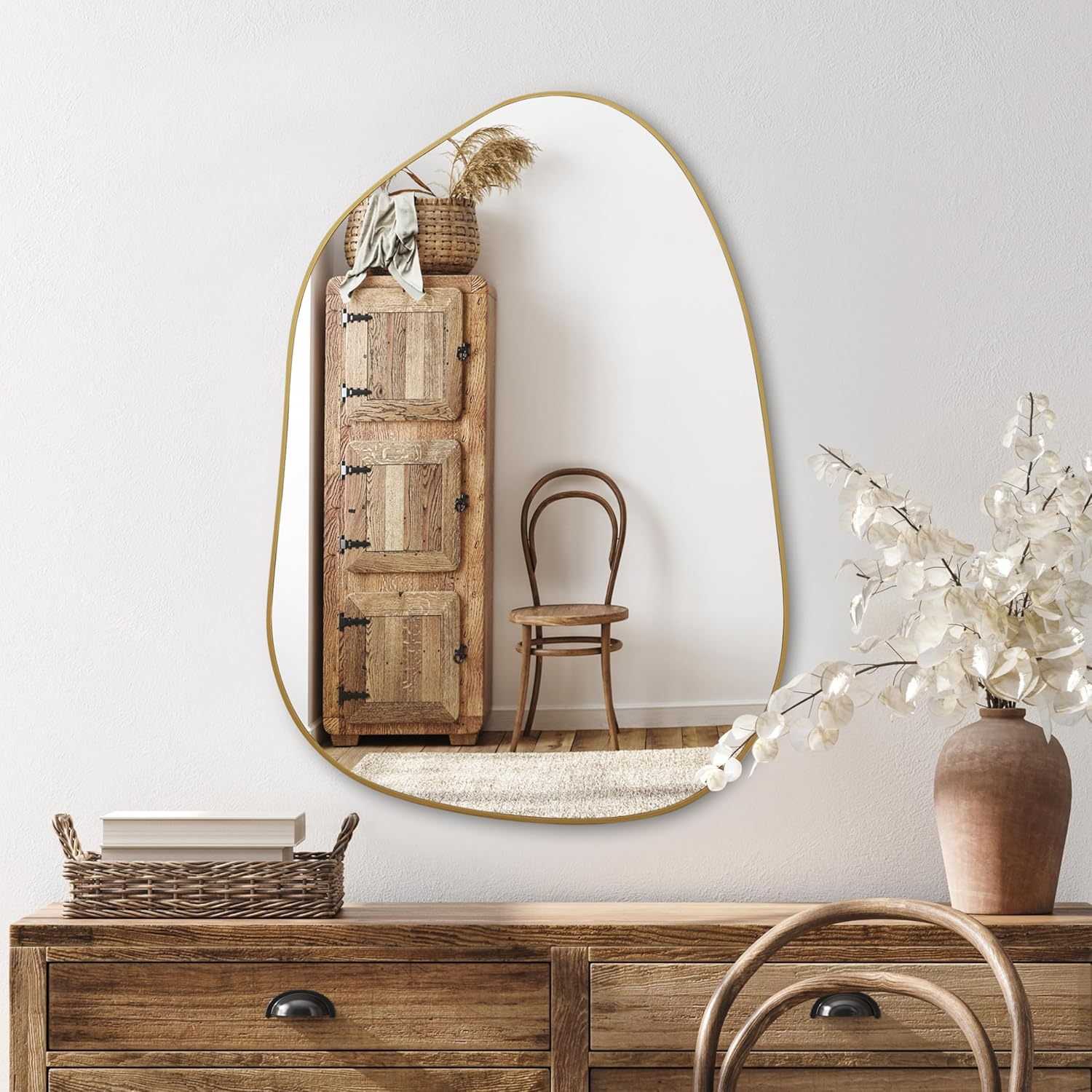 PERFNIQUE Irregular Wall Mirror Asymmetrical Mirror, 27''X19'' Gold Mirror for Bathroom Bedroom Living Room Entryway, Decorative Modern Wall Decor, Wall Mounted Mirror (Gold, 27''X19'') image number 3