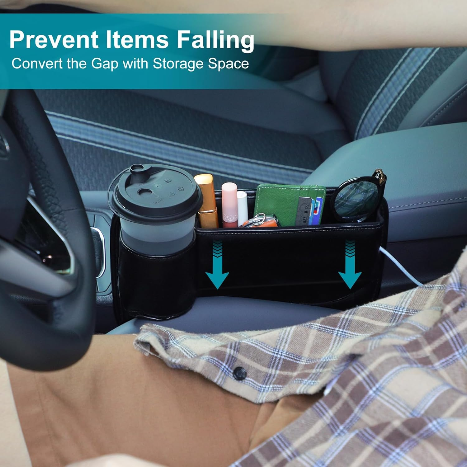 2 Pack Car Seat Gap Filler Organizer, Leather Car Seat Gap Storage Box with Cup Holder, Front Seat Storage Organizer, Car Center Console Side Storage Container, Universal Car Interior Accessories image number 3
