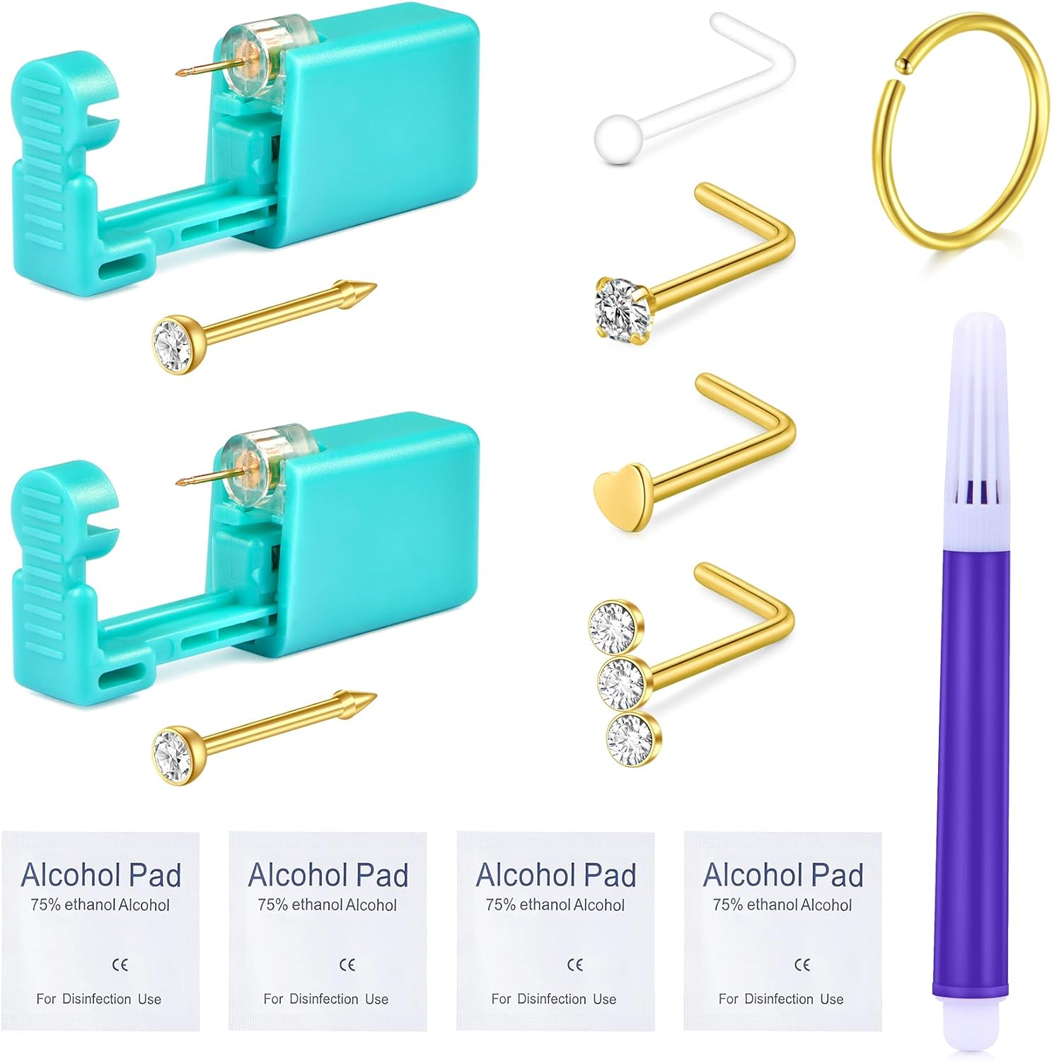 QWALIT Nose Piercing Kit Nose Ring Piercing Kit Self Nose Piercing Kit at Home Silver Black Gold Nose Piercing Kit with Nose Rings Disposable Nose Piercing Gun Kit