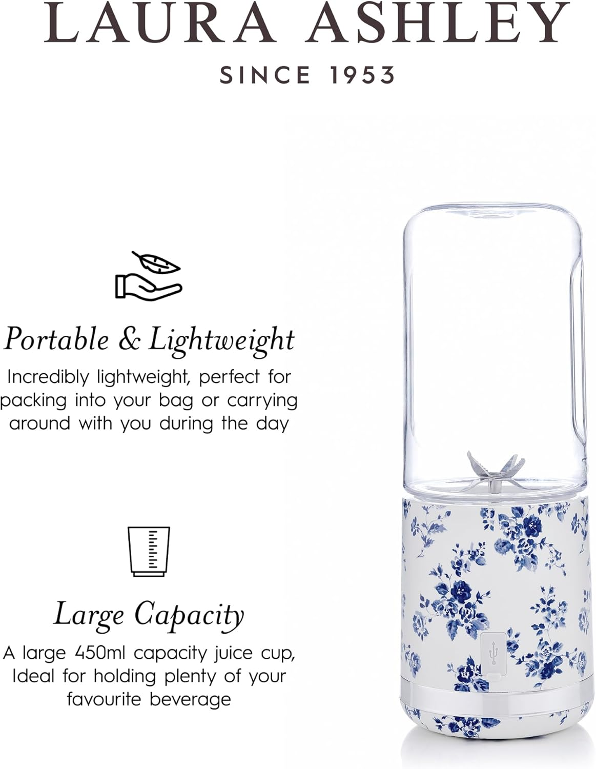 Laura Ashley China Rose Portable Smoothie Blender by VQ. Compact, Powerful & Easy to Use USB Rechargeable Mini Blender with 450 Ml Bottle. Portable Blender Smoothie Maker for Kitchen/Gym/Travel/Office