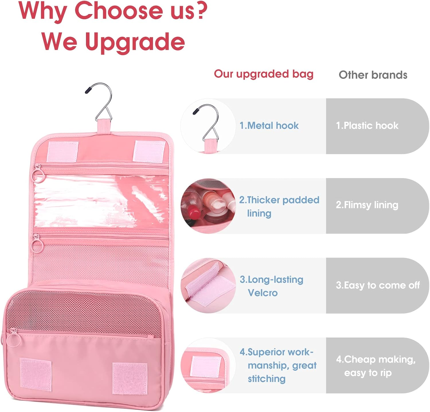 Narwey Small Hanging Travel Toiletry Bag for Women, Travel Bag for Toiletries, Makeup Bag Organizer Make up Bags Cosmetic Bags for Girls, Pink, 1 Count (Pack of 1) image number 1