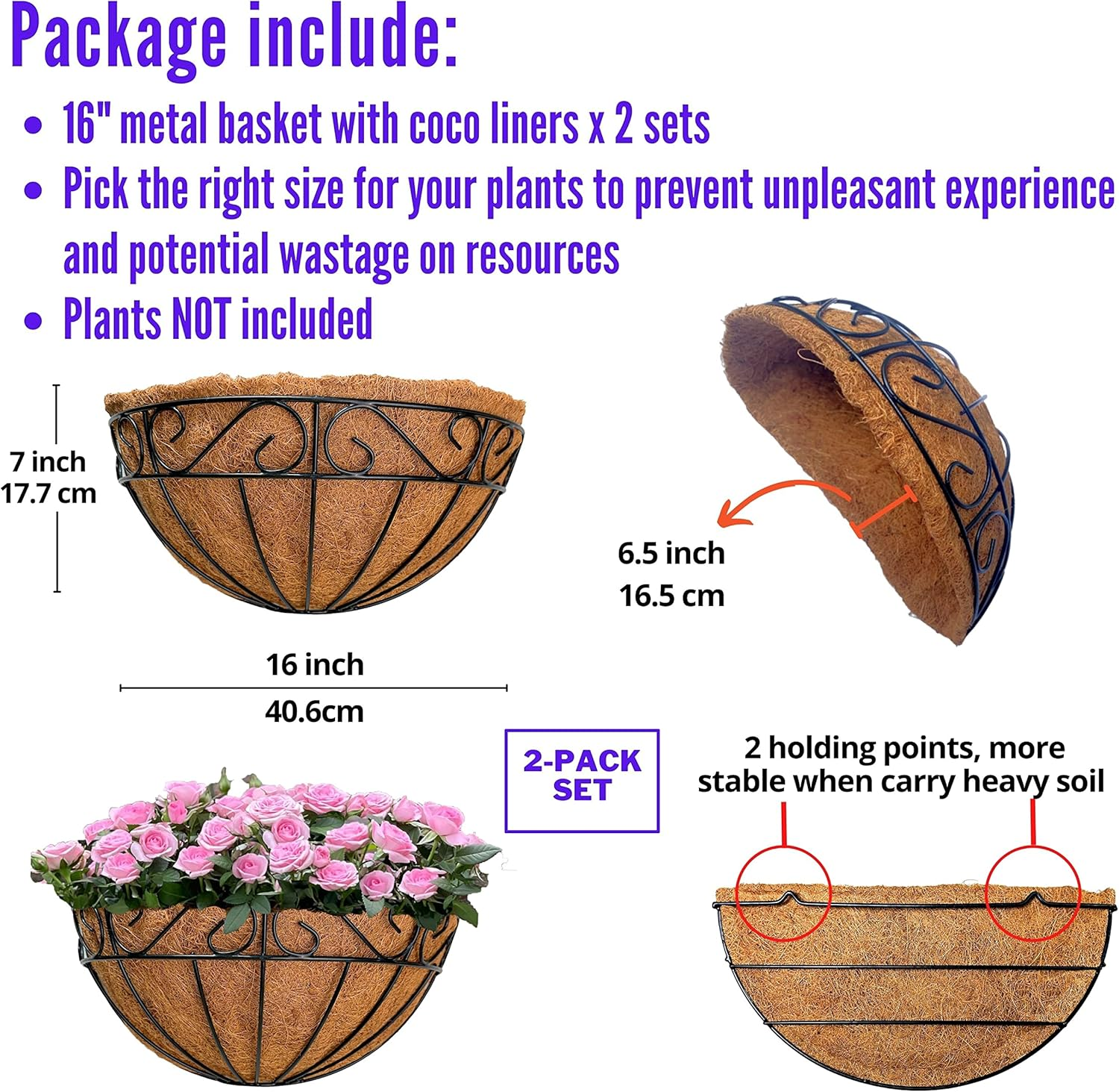 Lalagreen 16 Inch Wall Hanging Planters - 2 Pack, Large Wall Mounted Flower Basket with Coco Liner, Black Metal Horse Trough Window Herb Pot Holder Outdoor Plants Fence Rail Railing Deck Porch Balcony image number 2