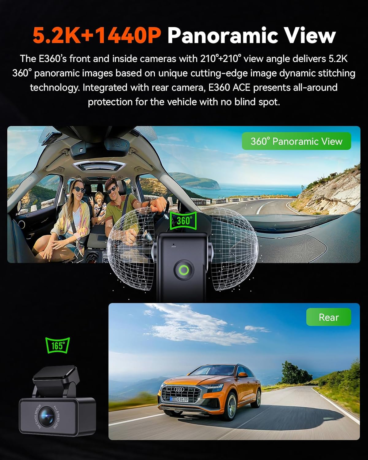 Vantrue E360 ACE 5.2K 360&deg; Panoramic Wifi Dash Cam, Handheld Camera, STARVIS 2, HDR, IR Night Vision, Front Rear inside Dashcam, Voice/Touch Control, GPS, 24/7 Buffered Parking Mode, Support 512GB Max image number 6