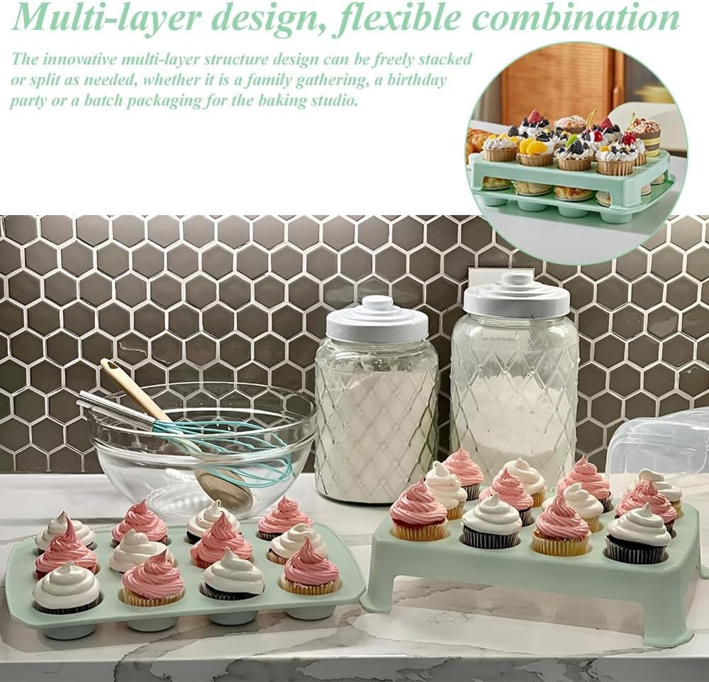 2 Tier Cupcake Carrier for 24 Cupcakes, Durable Muffin Traveler Reusable Cupcake Box, Airtight Snap Lid Clear Plastic Storage Container Baked Goods Container image number 2