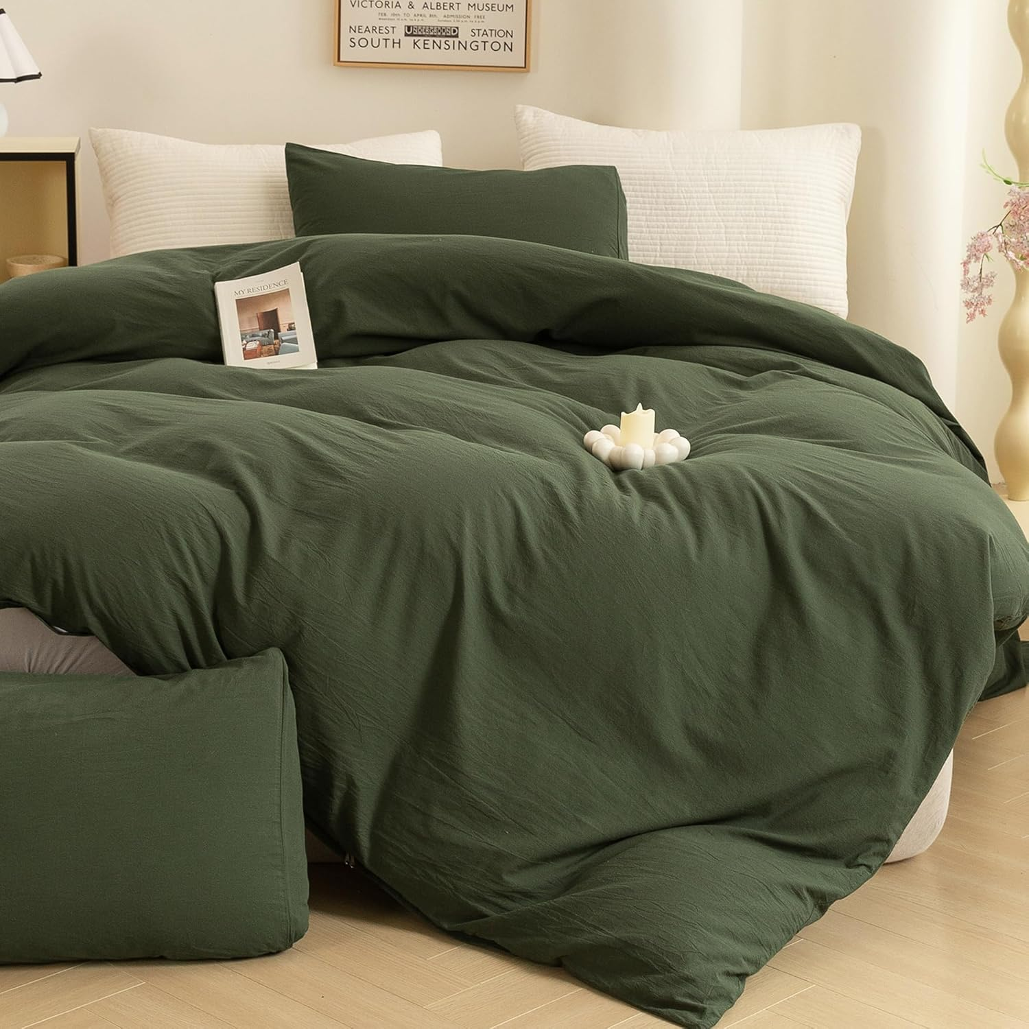 ECOCOTT 3 Pieces Duvet Cover Set Queen 100% Washed Cotton 1 Duvet Cover with Zipper and 2 Pillowcases, Ultra Soft and Easy Care Breathable Cozy Simple Style Bedding Set (Avocado Green) image number 4