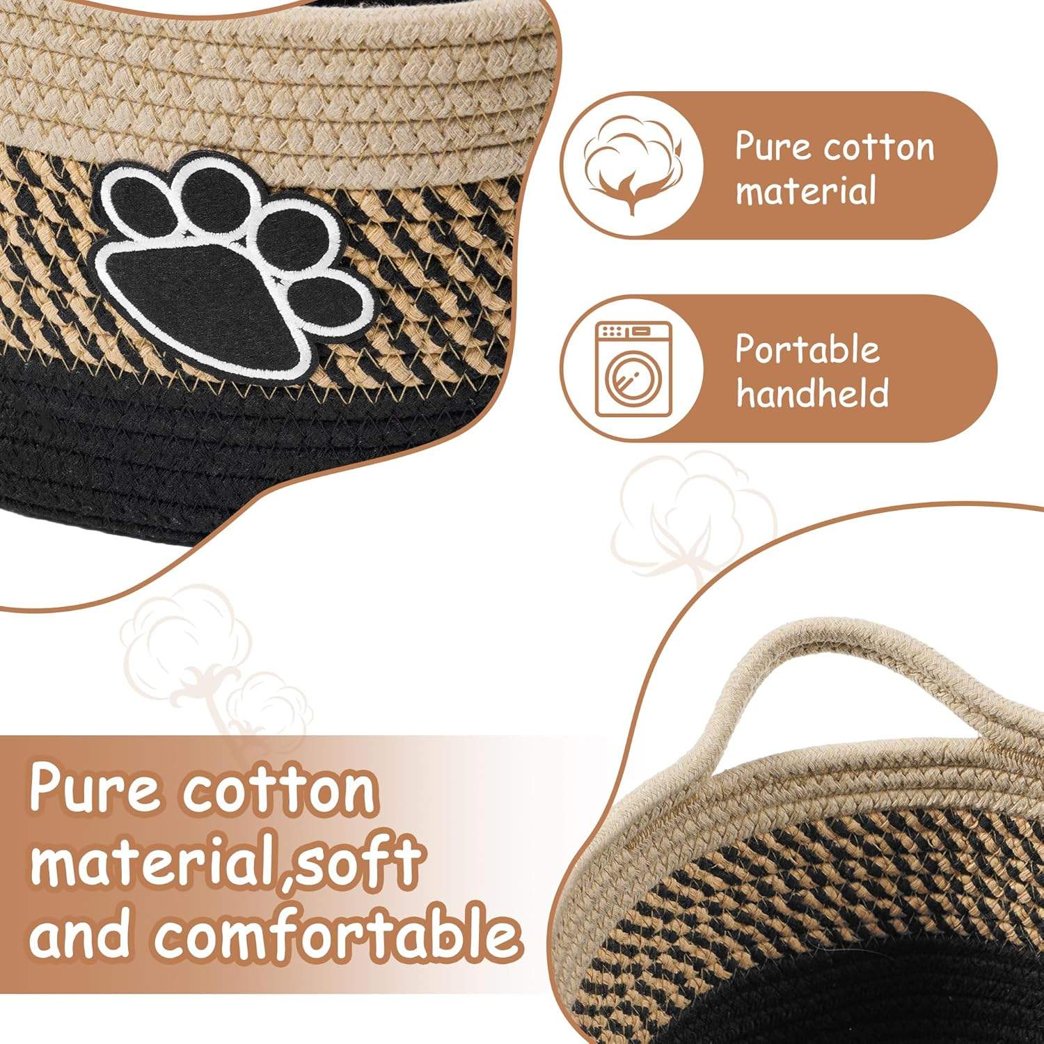 Small Woven Baskets for Organizing Rope Storage Basket with Handle Cute Cotton Nursery Gift Dog Toy Bins Organizer-Light Beige - Blackbeige image number 7