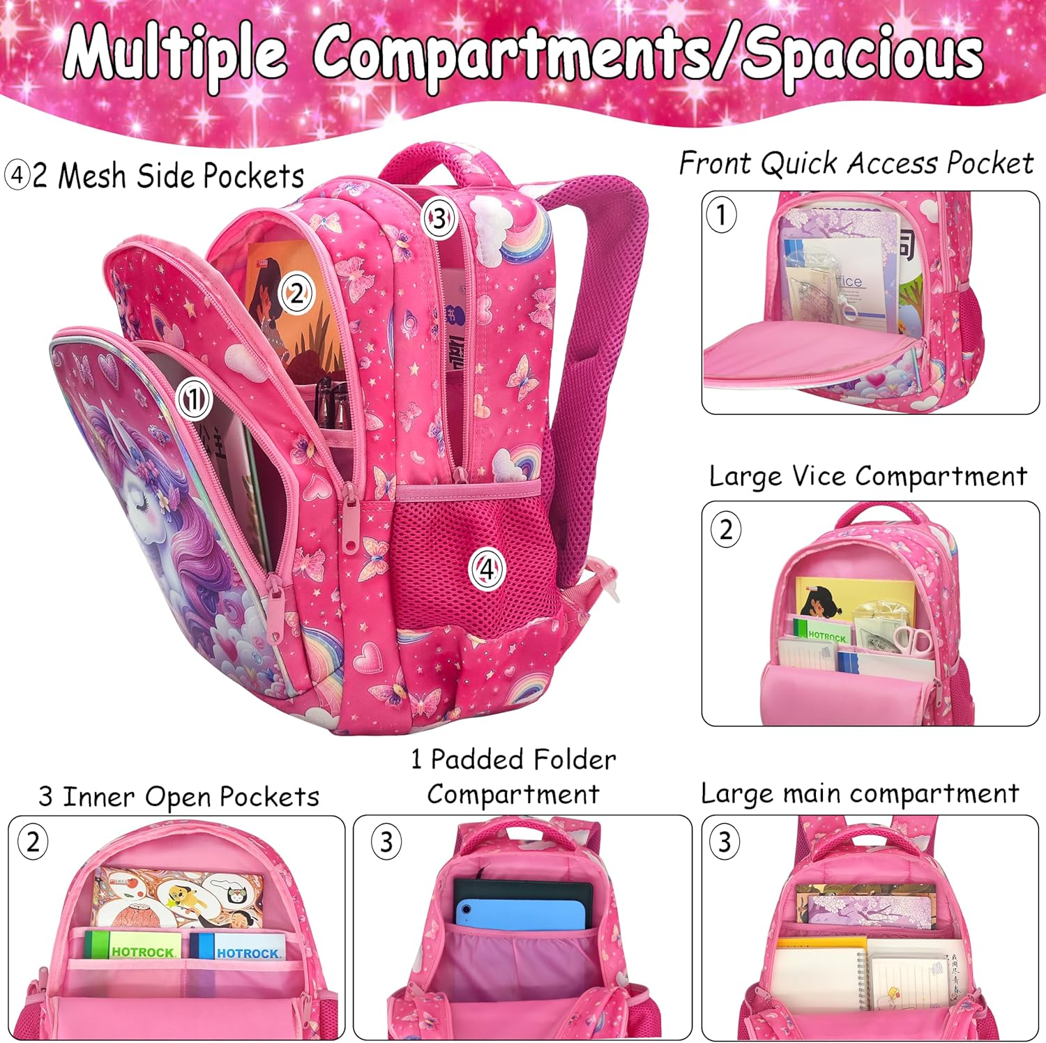 Usmikeys Pink Unicorn Girls Backpack Cute Kids School Bag for Elementary Toddler Kindergarten Preschool, Children'S Bookbag Travel Back Pack with Chest Strap 15", Mochilas Escolares Para Ni&ntilde;as image number 2