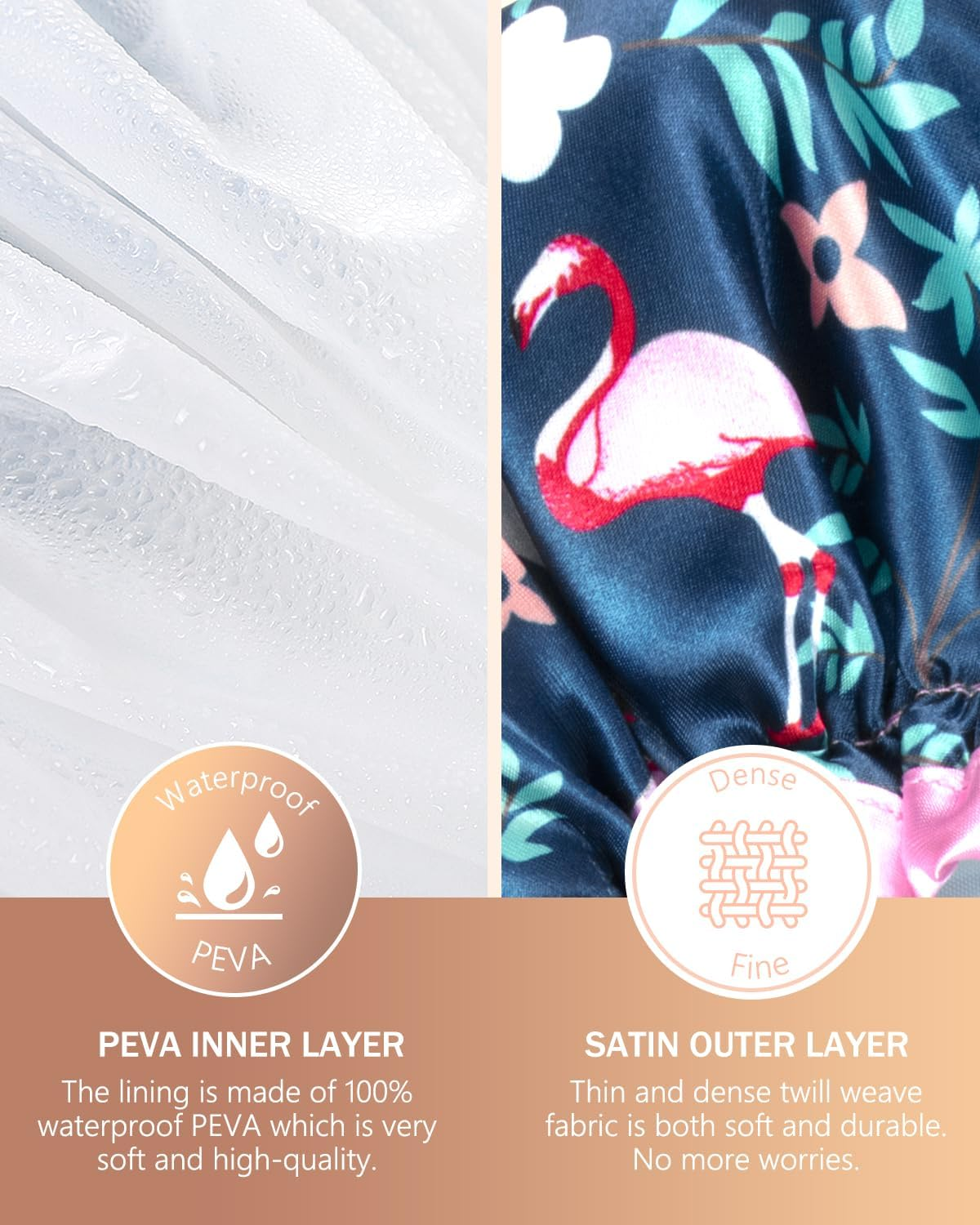 Mikimini Large Shower Cap for Women Long Hair, Flamingo Shower Caps with Pink Lace, Double-Layer Waterproof, Reusable, Washable,X-Large (Pack of 1) image number 4