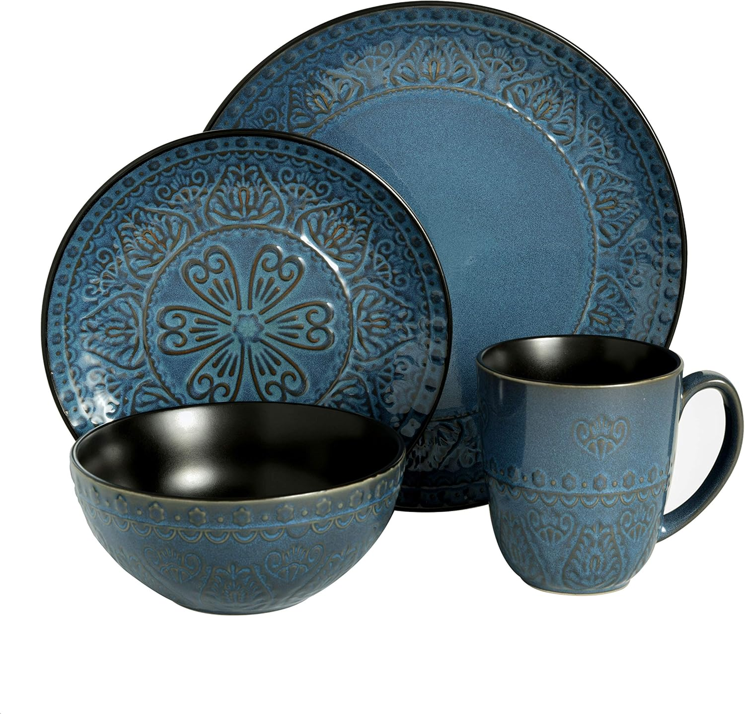 Gibson Milanto 16-Piece Dinnerware Set Featuring Embossed Reactive Glaze Stoneware, Plates, Bowls & Mugs, Blue