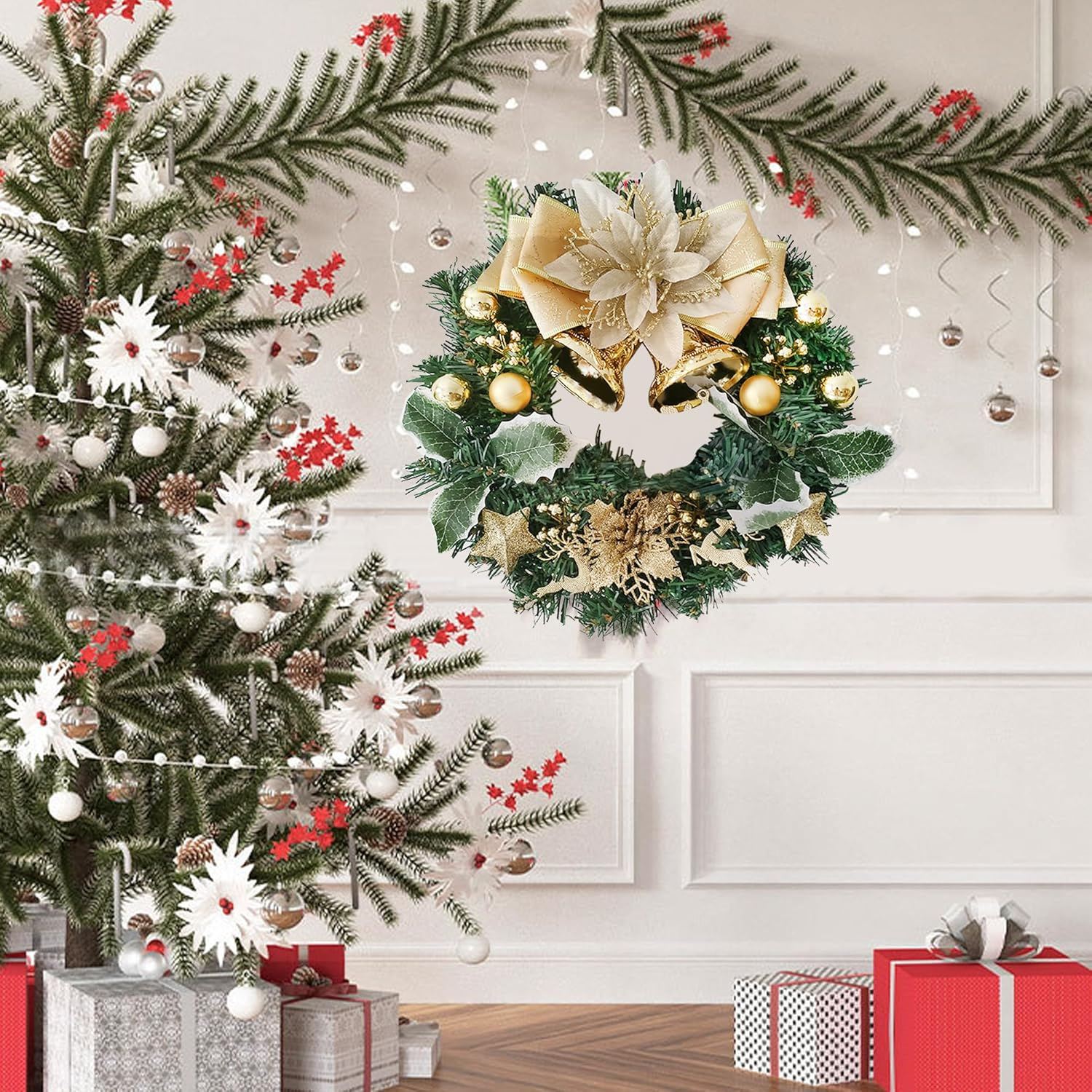 Christmas Wreath Christmas Decorations Artificial Pine Garland with Bowknot Leaves for Home Festival Wall Tables Wedding D&eacute;cor (12 Inches)