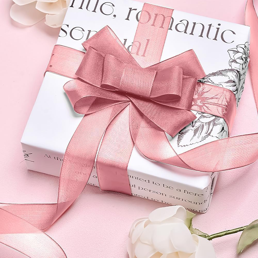 Pink Ribbon 1 1/2 Inch Christmas Organza Ribbon Pink Chiffon Ribbon Sheer Ribbon 50 Yd Tulle Pink Ribbon for Gift Wrapping Halloween Ribbons for Crafts Hair Bows Flower Bouquet Wedding Champagne Pink image number 5