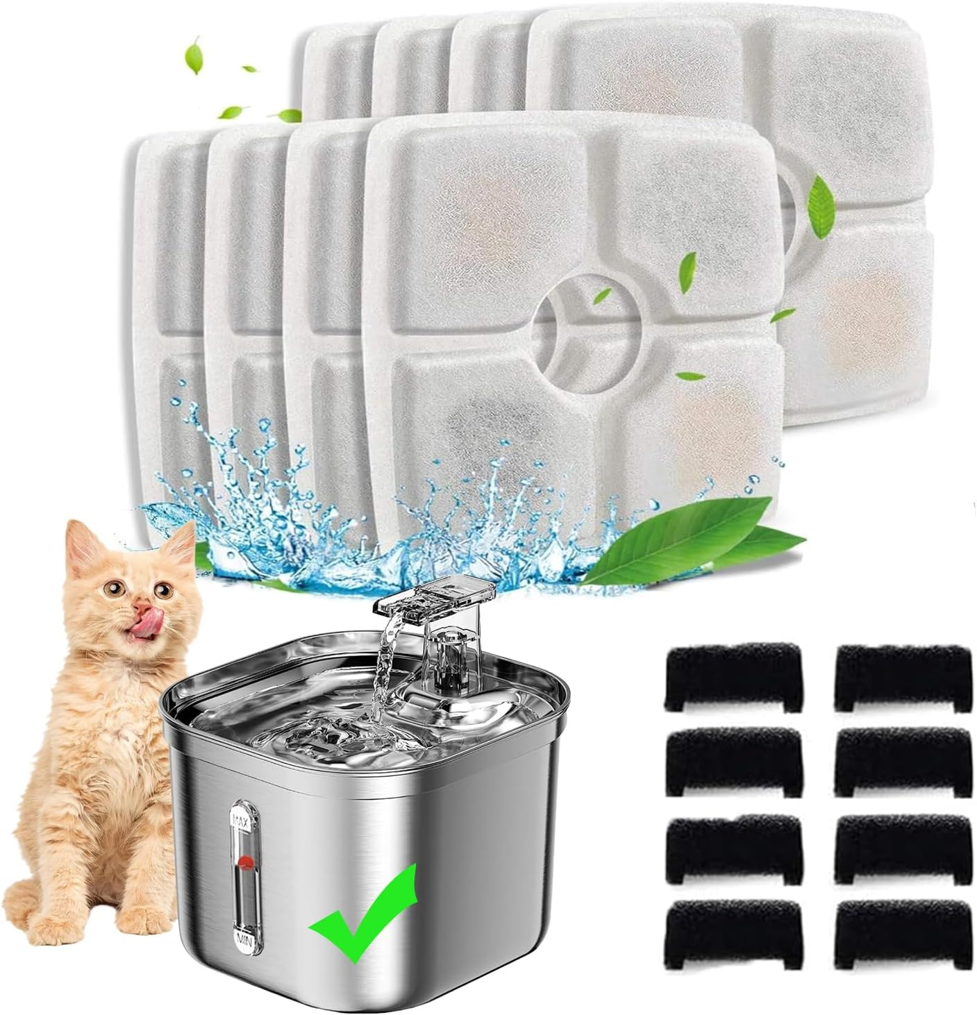 8 Pack Cat Water Fountain Filters Replacement Filters & 8 Pack Replacement Pre-Filter Sponges for 67Oz, 95Oz and 135Oz Automatic Pet Fountain Cat Water Fountain Dog Water Dispenser image number 2