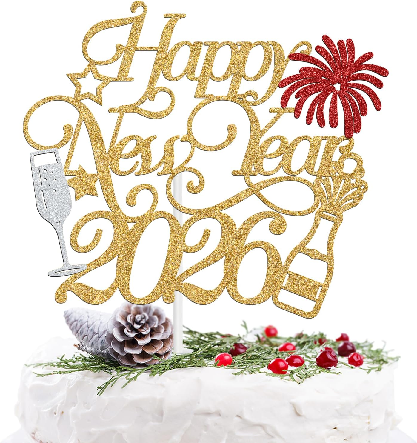 Happy New Year 2025 Cake Topper,Welcome 2025/Cheers to 2025, Happy New Year Night Holiday Party Decorations Supplies, Red and Gold Glitter image number 2