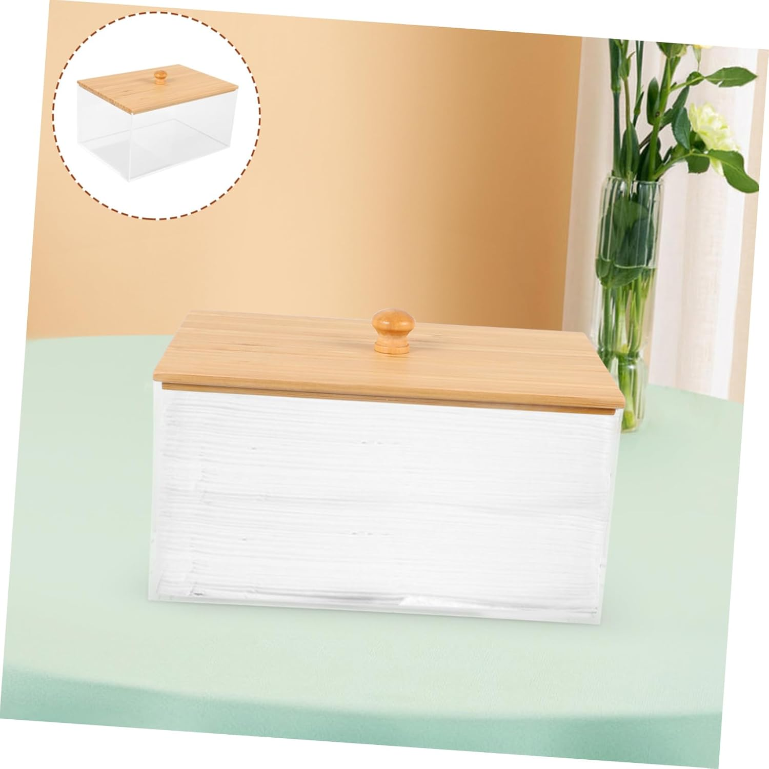Acrylic Dryer Sheet Holder Bamboo Lid Laundry Room Storage Box for Dryer Sheets Easy to Use and Clean image number 2