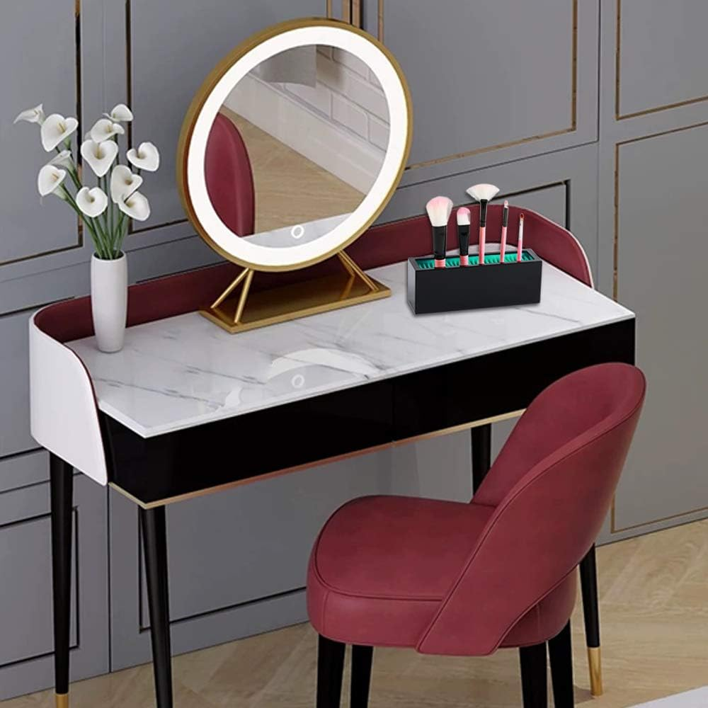 Makeup Brushes Holder Organizer, Silicone Vanity Air Drying Rack Display Storage for Brush, Eyeliners and More, Practical Cosmetic Tools Container (Blue-Black) - Blue-White image number 2