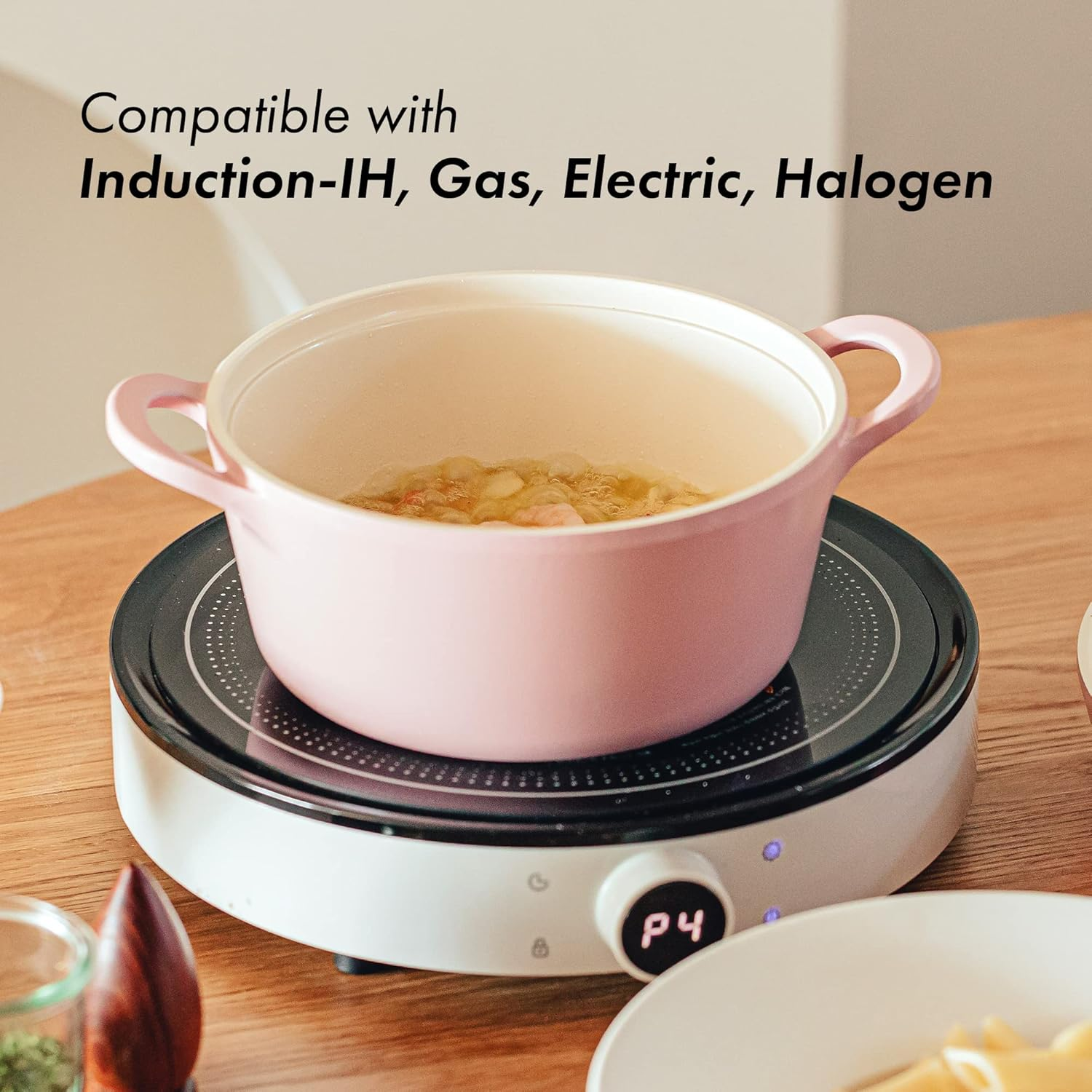 Neoflam Retro 5-Piece Ceramic Nonstick Cookware Set, PFOA Free Pots and Pans with Integrated Steam Vent Lid Knob Prevents Boil over and Heat Resistant Silicone Grips for Safer Cooking at Kitchen, Pink image number 2