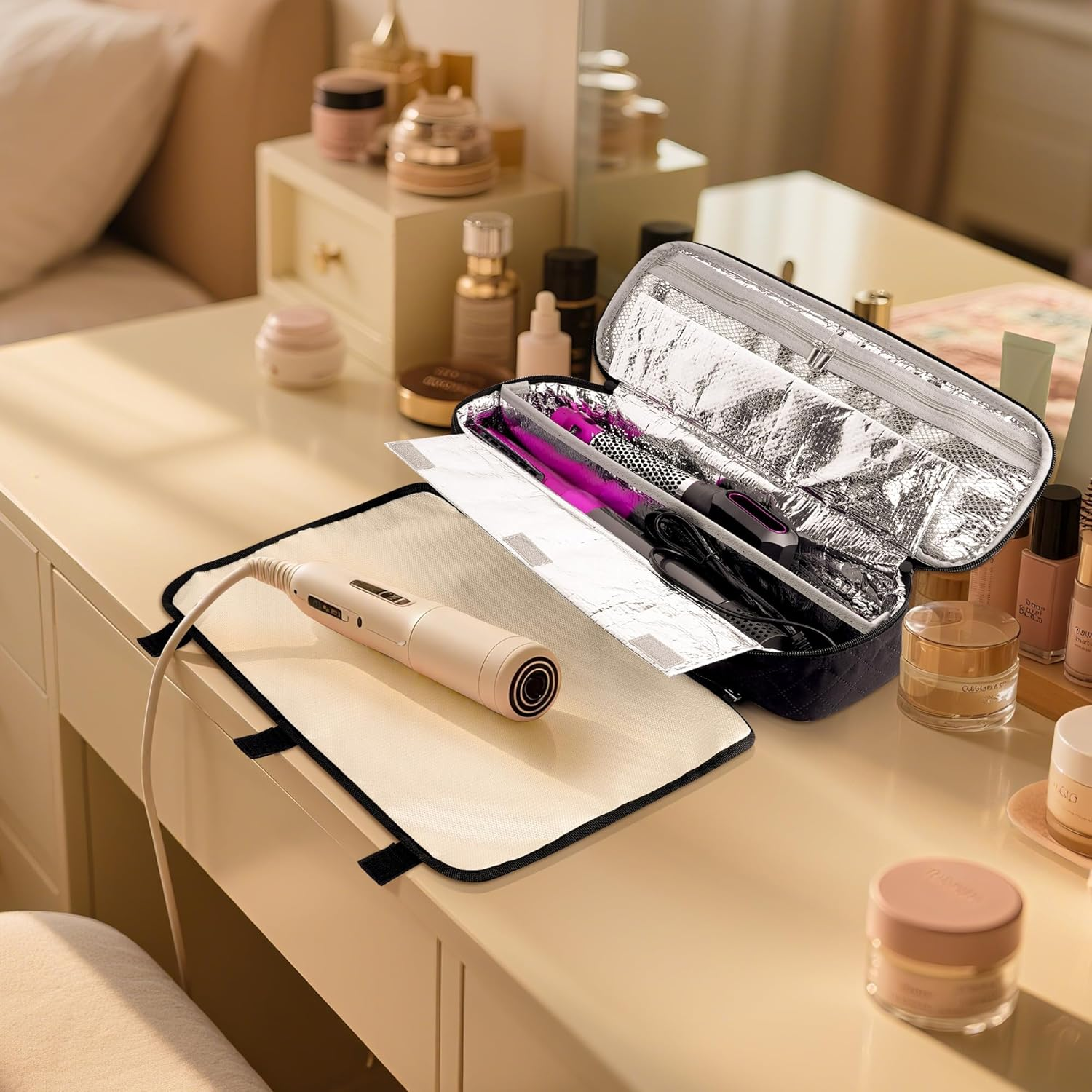 Linkidea Curling Iron Storage Bag, Travel Hair Tools Organizer with Compartment, Compact Portable Hair Accessories Case, Flex Style Heat Resistant Carrying Pouch for Outdoor Use, Black