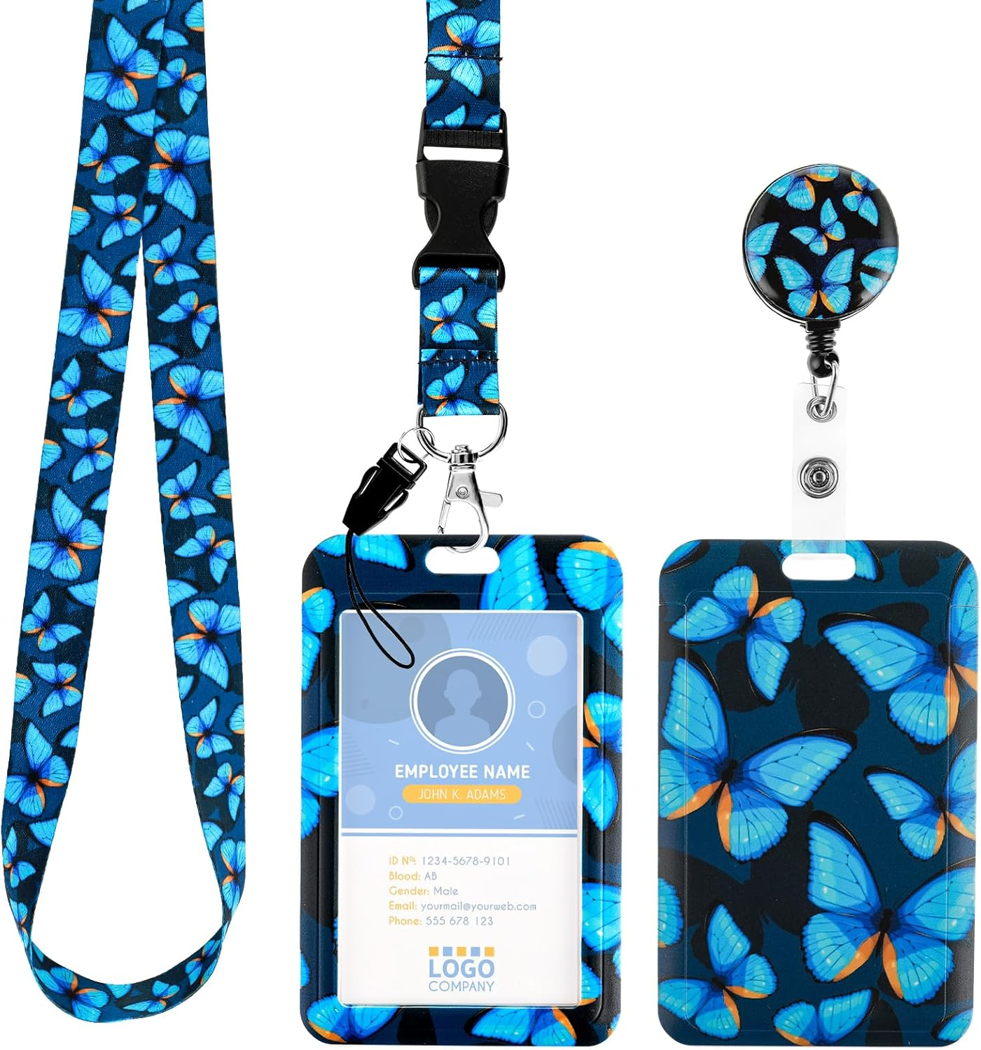 Amabro Butterfly Badge Holder with Lanyard, Retractable Badge Reel Clip Key Lanyard Cute ID Card Holder with Breakaway Lanyard Vertical ID Badge Holder Keychain for Women(Blue)