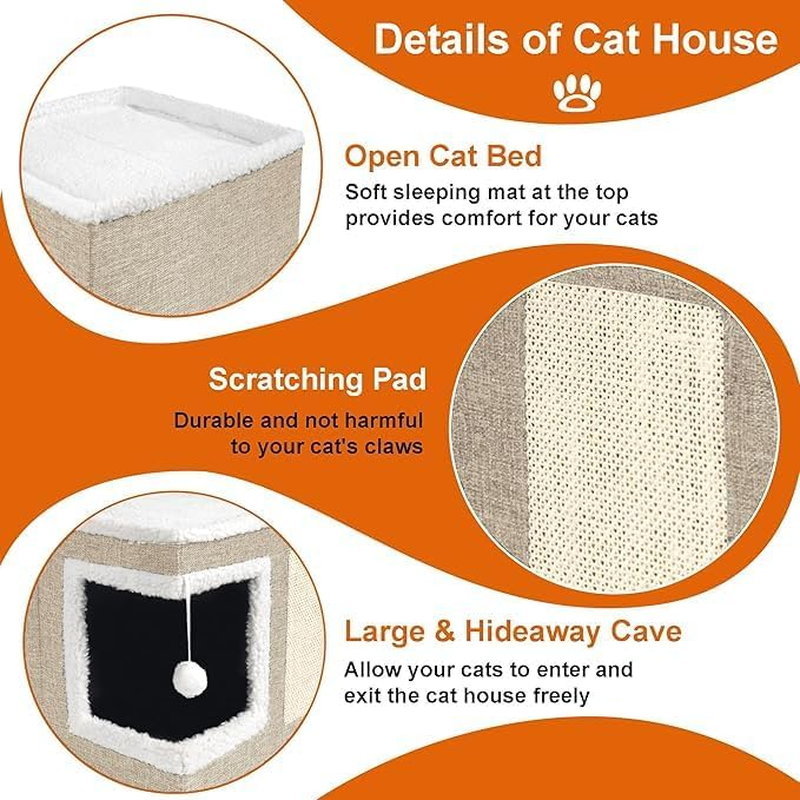 Cat Houses for Indoor Cats - Large Cat Bed Cave with Scratch Pad and Fluffy Ball, Foldable Cat Condo Hideaway with Reversible Cushion for Multi Small Pet (Khaki, 40 * 40 * 15) - Dark Grey image number 2