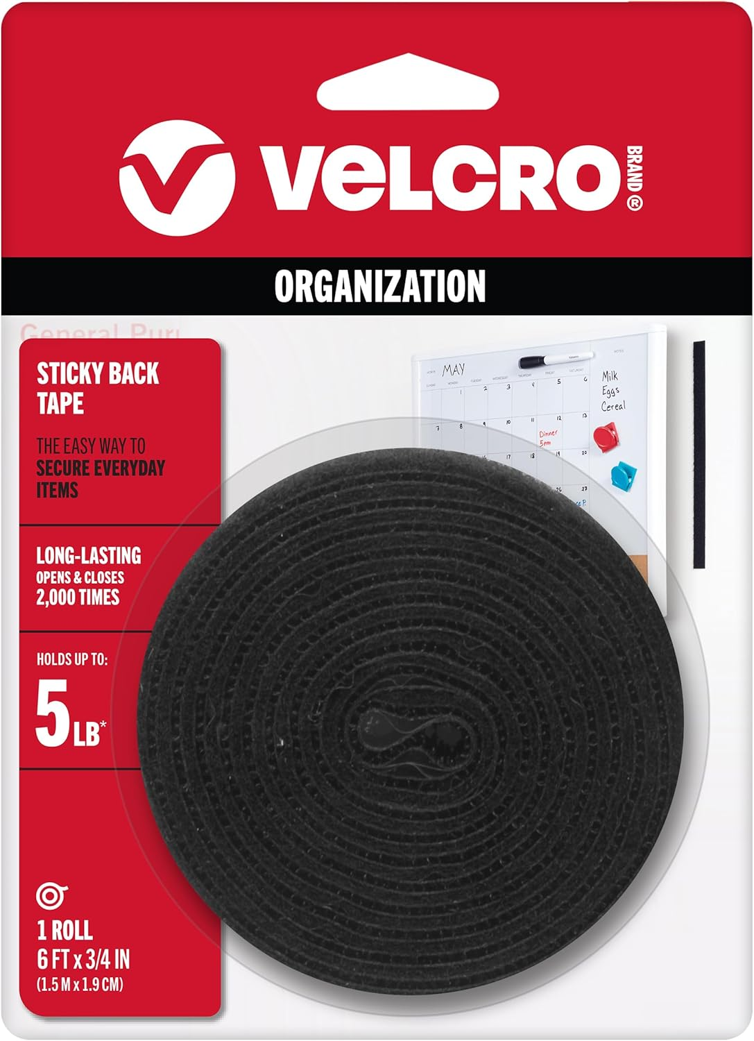 VELCRO Brand 6 Ft X 3/4 in | Sticky Back Tape Roll with Adhesive | Cut Strips to Length | Hook and Loop Fasteners | Perfect for Home, Office or Classroom, Black, 90975W image number 1