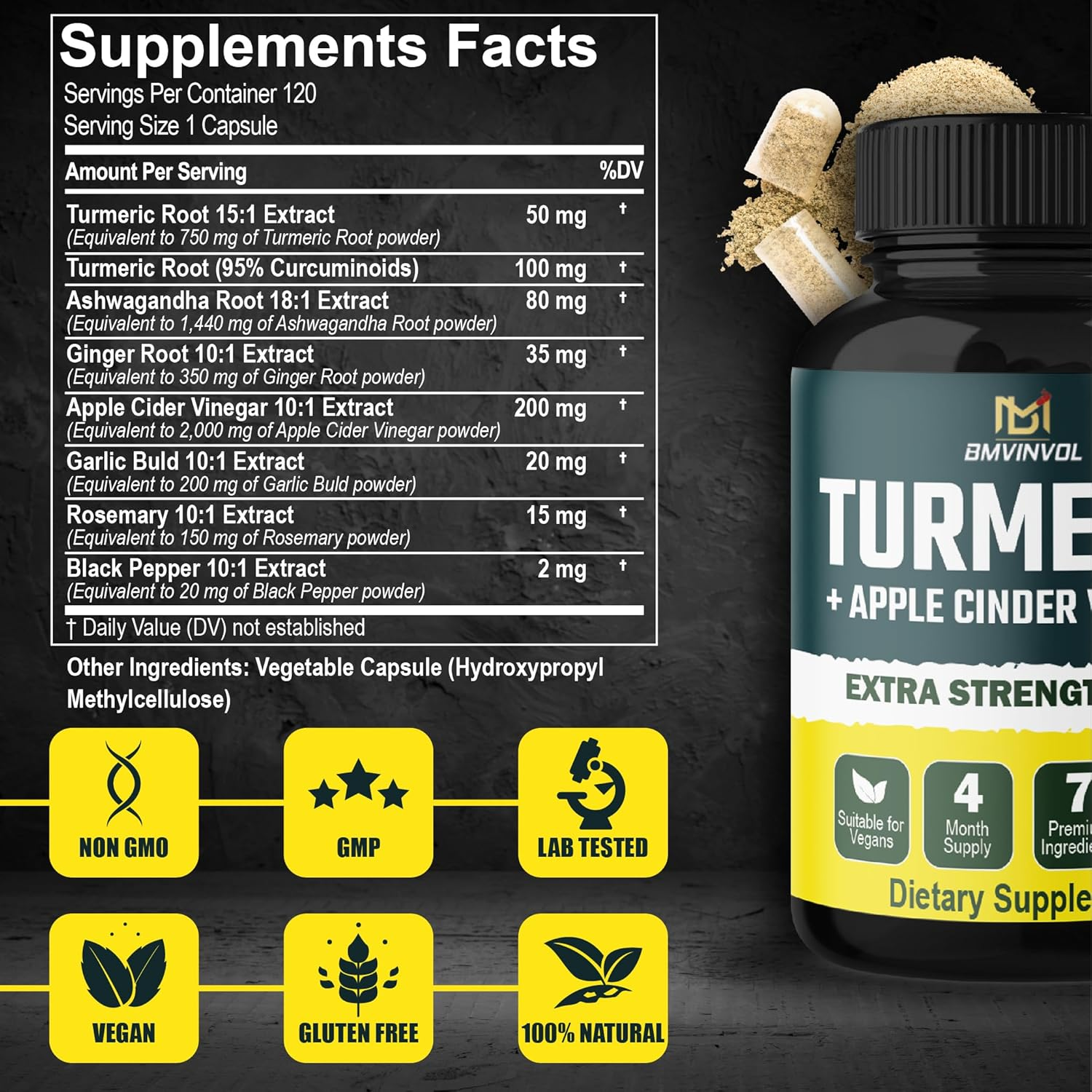 Turmeric Curcumin + Apple Cinder Vinegar  Capsules,    with Ashwagandha, Ginger, Garlic Bulb, 95% Standardized Curcuminoids image number 1