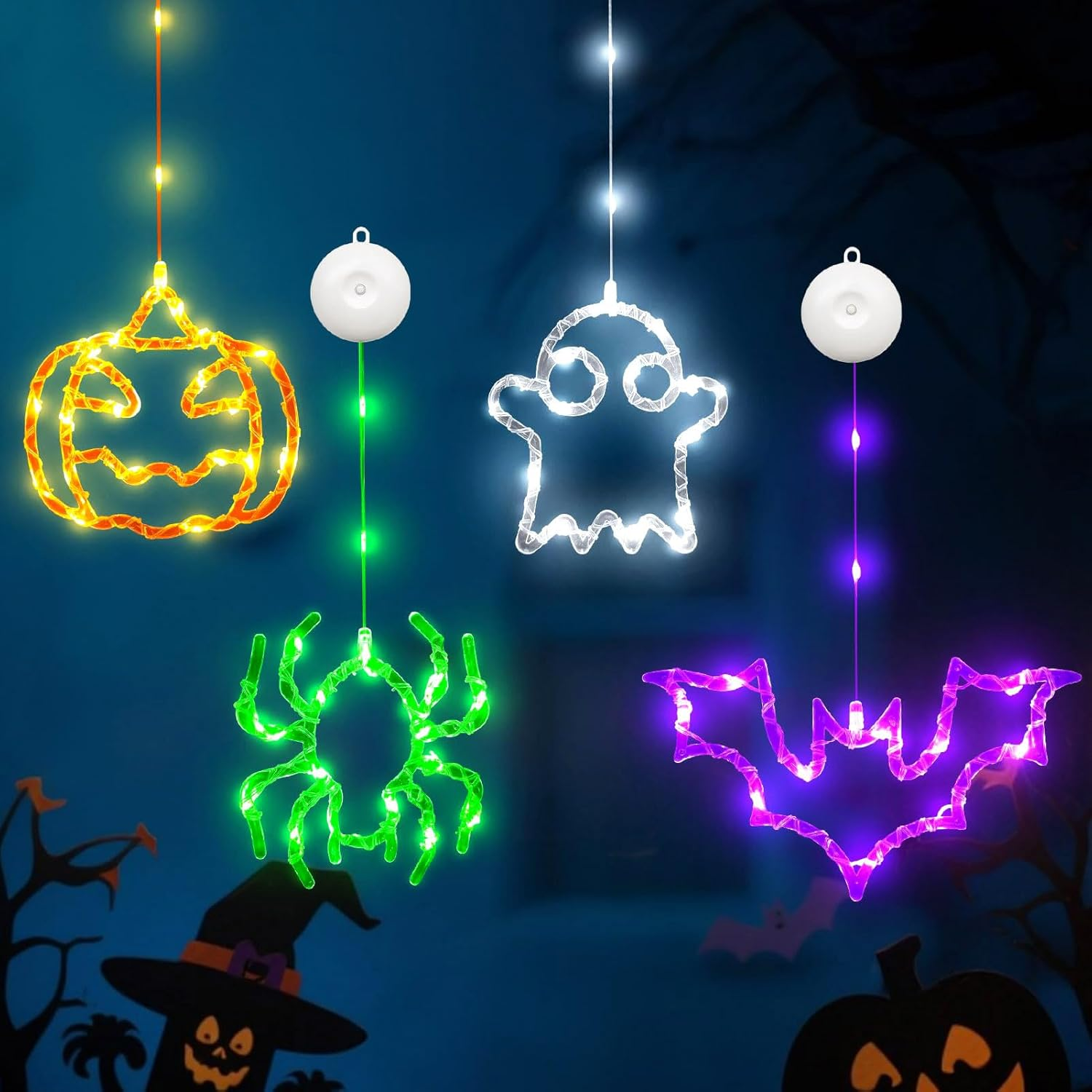 Halloween Decorative Fairy Lights, Pack of 4 Halloween Pumpkin Bat Spider Ghost Fairy Lights Battery with 6H Timer, 8 Light Modes, Window Lights with Suction Cup for Window Decoration (A) image number 2