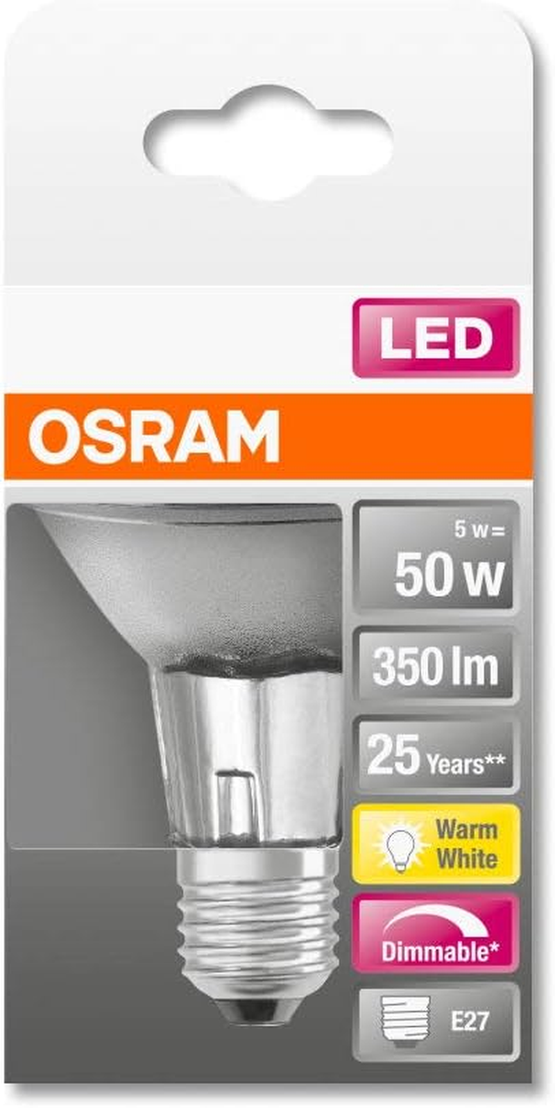 OSRAM Dimmable PAR20 LED Reflector Lamp with E27 Socket, Warm White (2700 K), Glass Spot, 5 W, Replacement for 50 W Reflector Lamp, LED Superstar PAR20, Pack of 1, Warm White image number 2