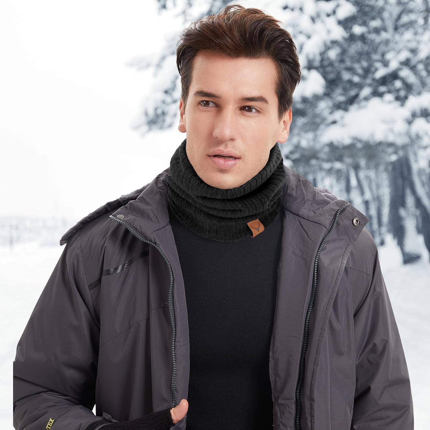 Winter Neck Warmer - Thermal Knitted Snoods Windproof Fleece Lined Circle Scarf Soft Warm Neck Gaiter Gifts for Mens Cycling Skiing Motorcycle image number 5