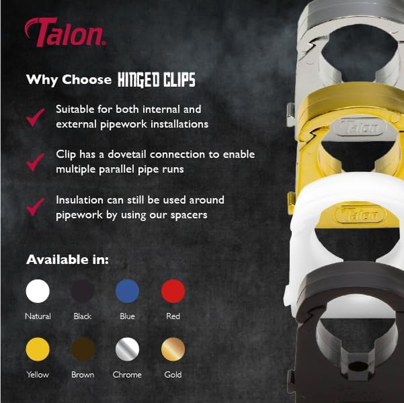 Talon - 16Mm Single Hinged Pipe Clip X100 - Natural - 360&deg; Fixing for Pipework - up to 85&deg;C - Safe for Use on Plumbing, Gas and Air Conditioning Pipe image number 5