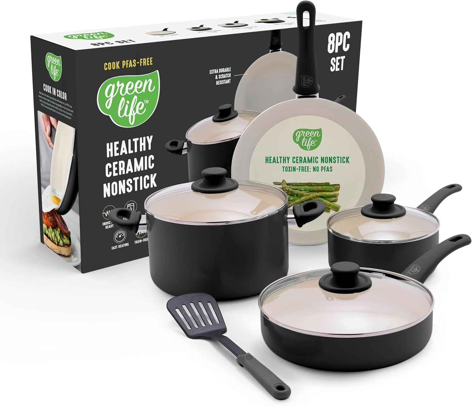 Greenlife Soft Grip Healthy Ceramic Nonstick 16 Piece Kitchen Cookware Pots and Frying Sauce Pans Set, Pfas-Free, Dishwasher Safe, Taupe