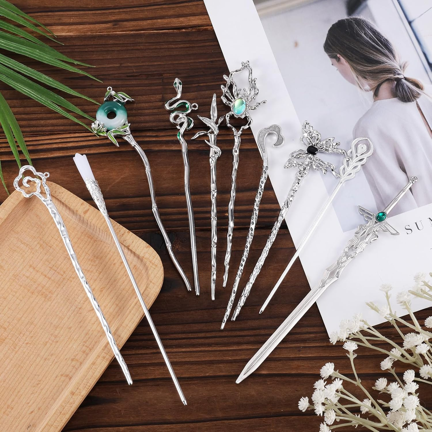 Mikovivi 10 Pcs Chinese Hair Sticks, Silver Metal Hanfu Decorative Hair Pins Snake Butterfly Flower Jade Stone Vintage Hair Chopsticks Elegant Asian Japanese Hairstyles Accessories for Women image number 2