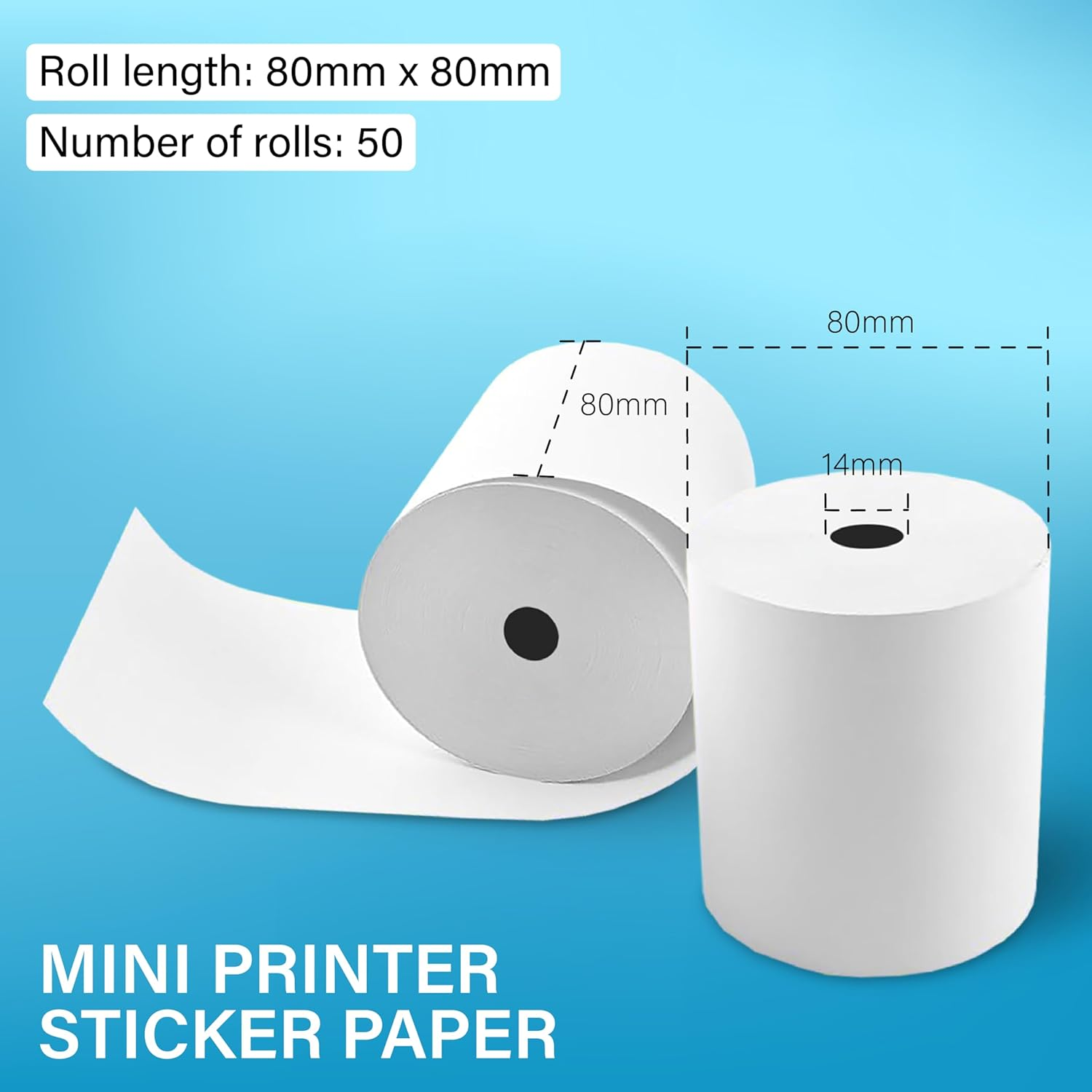 (50 Rolls) 80X80Mm EFTPOS Thermal Paper POS - Cash Register Receipt - Paper Roll Clear - Thermal Printer Paper - Mini Printer Sticker Paper - 14Mm Core - (White)