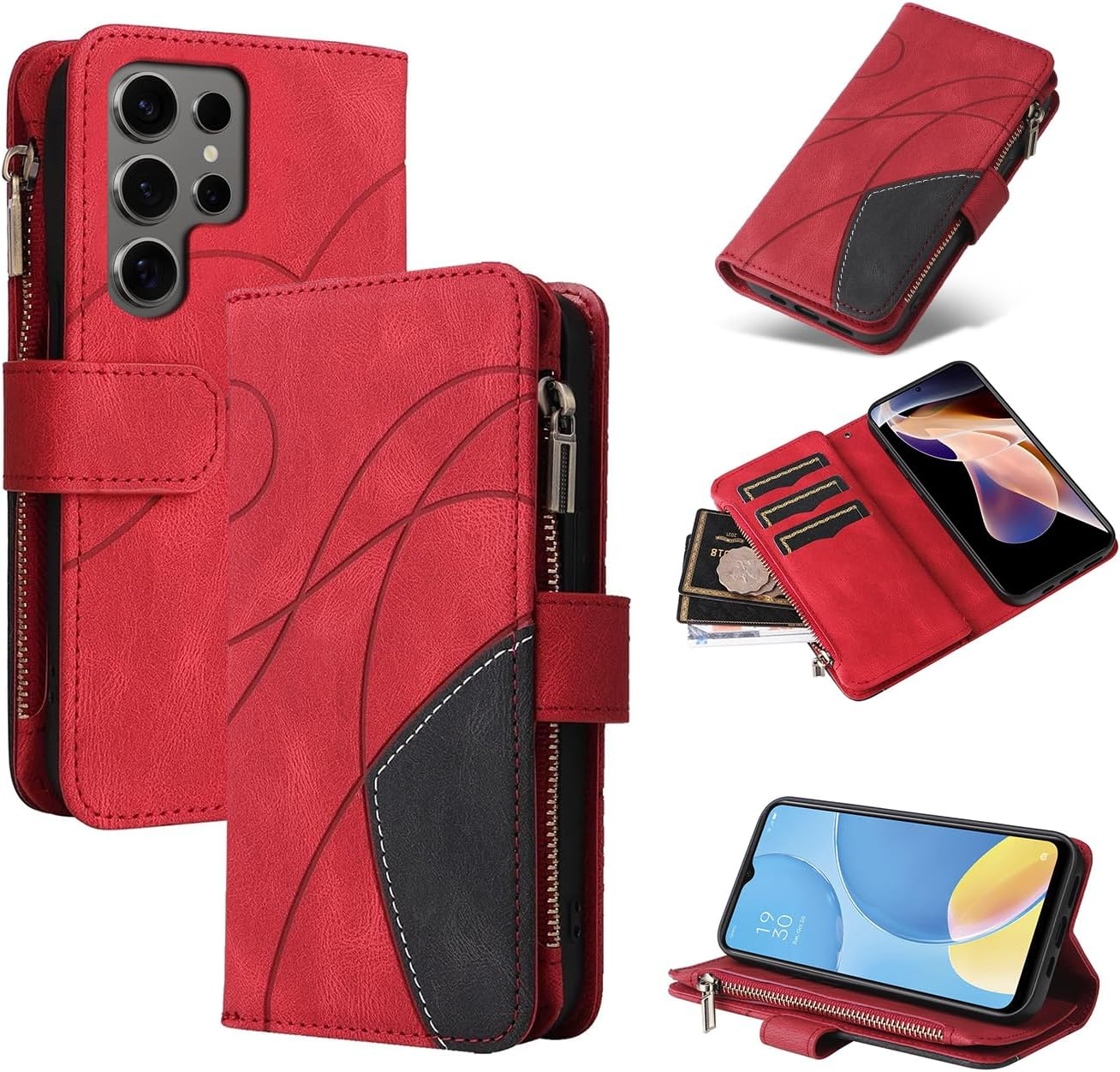 Design Piece of Leather-Like Wallet Phone Case for Samsung S24 Ultra with 5 Card Slots, Zipper Pocket, Kickstand and Magnetic Lock image number 2
