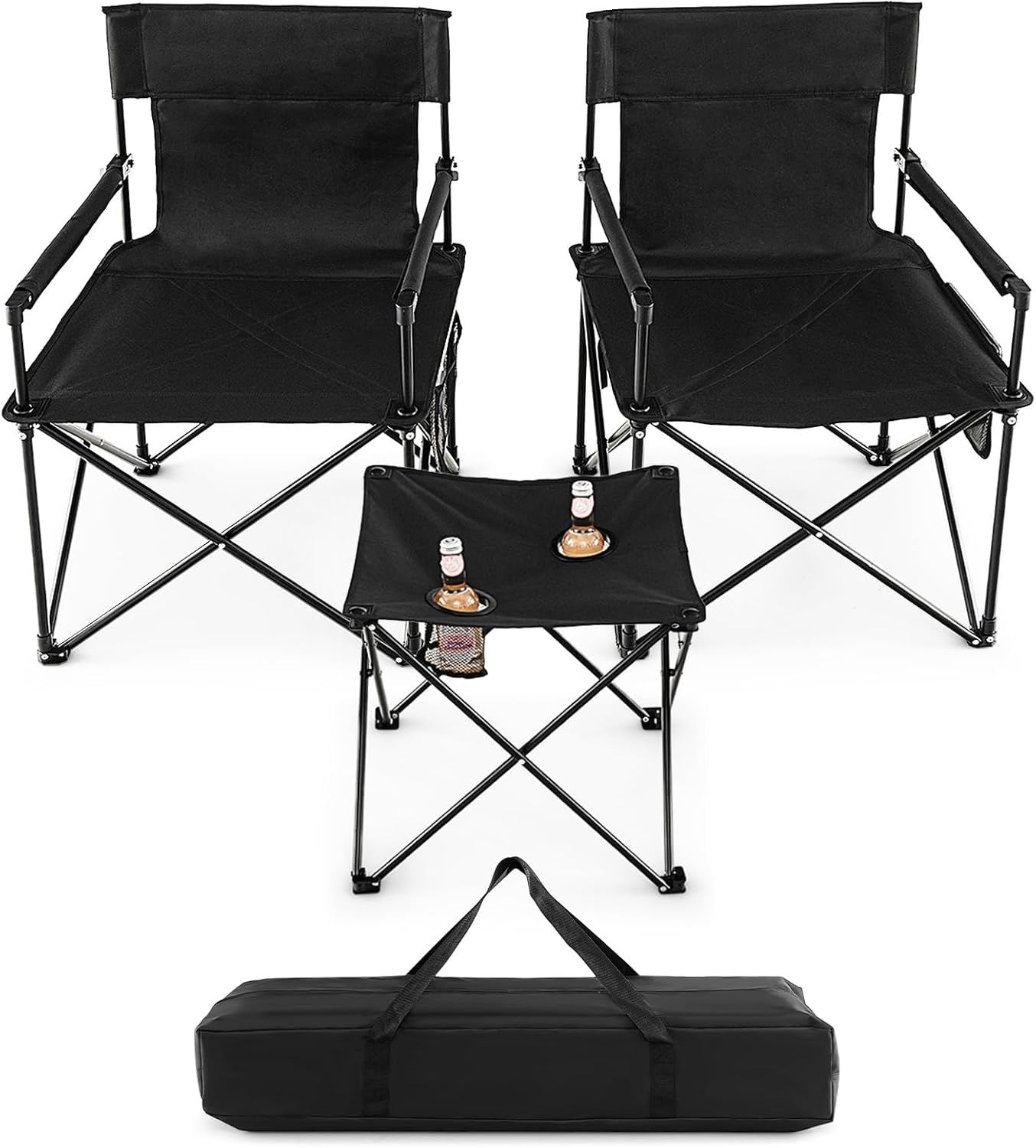 Costway Folding Camping Chair Set of 3, Portable Lawn Chair & Side Table W/ 2 Cup Holders, Storage Pockets, Carrying Bag, Oversized Camping Chair with Table for Fishing, Hiking, Picnic, BBQ, Black image number 2