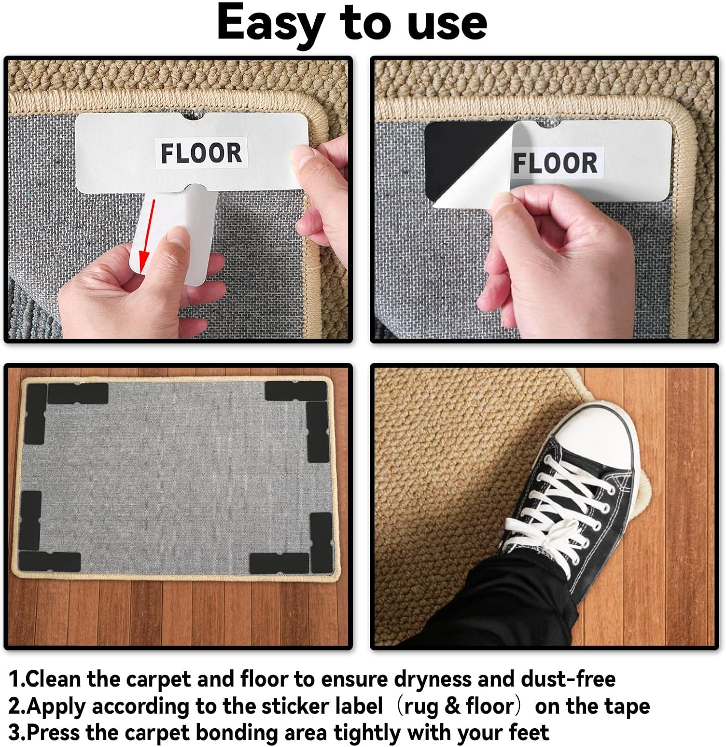 Urdar Brunnr Rug Carpet Non Slip Grippers, Reusable Rug Tape Pads, Strong Adhesive Carpet Grippers for Area Rugs, Keep Corners Flat, No Damaging for Floor Removable, 12Pcs image number 1