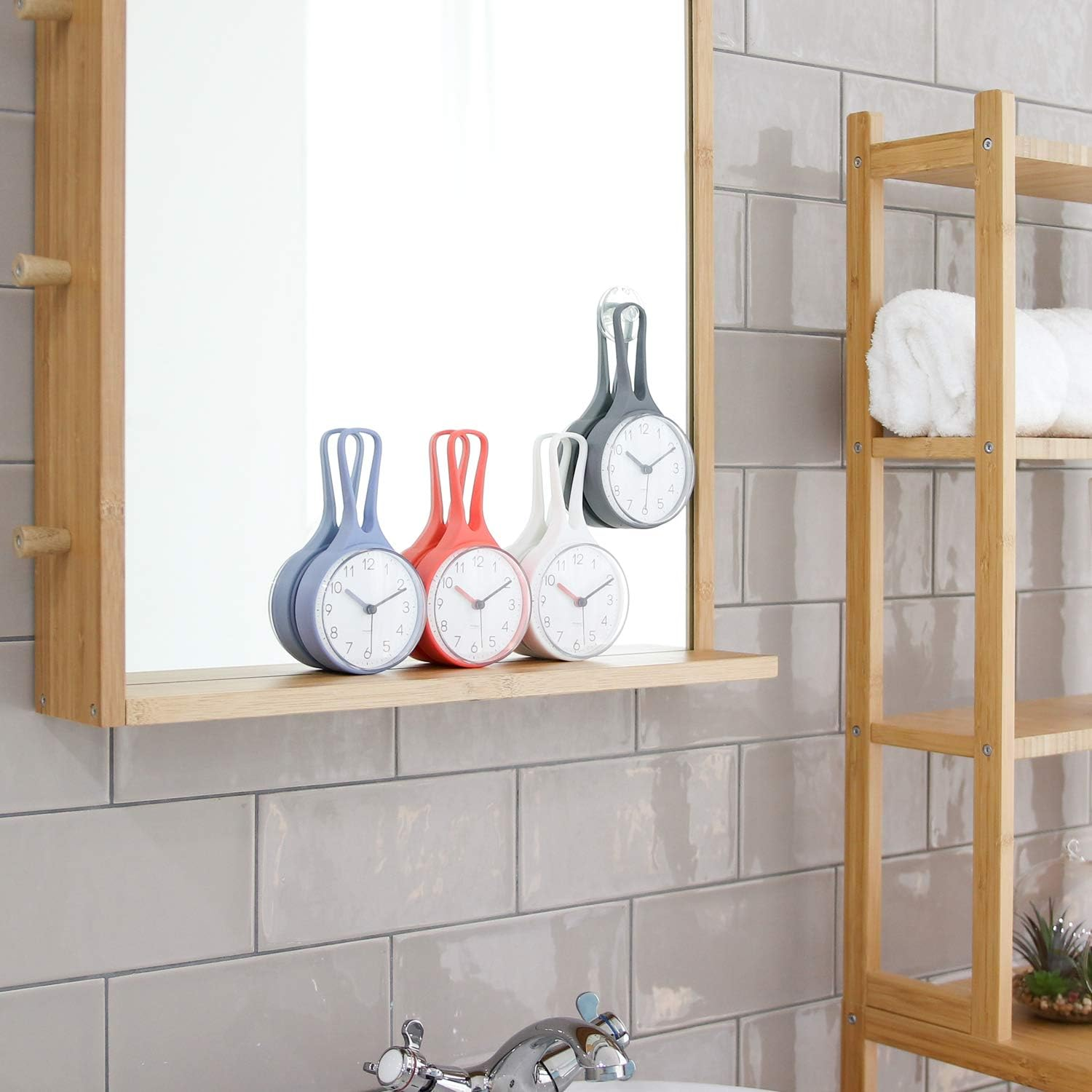 Mooas Loop Bathroom/Waterproof Shower Clock, Hanging with Hook, Kitchen Clock, Non-Ticking Battery Operated (Gray)