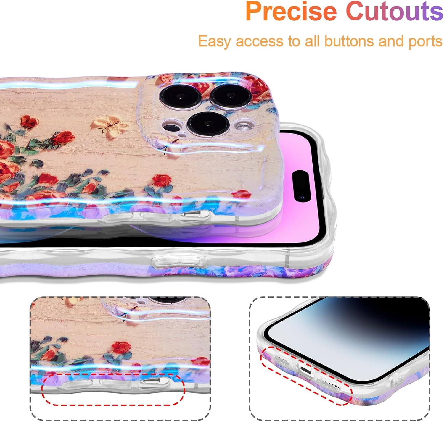 EYZUTAK Case for Iphone 15 Pro, Colorful Retro Oil Painting Printed Flower Laser Glossy Pattern Cute Curly Waves Border Exquisite Phone Cover Stylish Durable TPU Protective Case for Girls Women -Beige image number 6