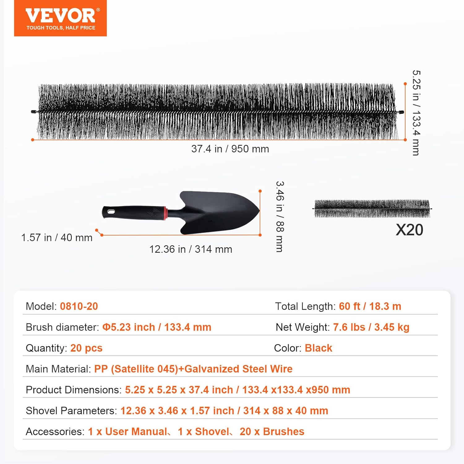 VEVOR Gutter Brush, 60 Feet Total Length 5.25 Inch Diameter Gutter Cleaning Tools, Ground-Level Gutter Brush Leaf Guard for 5 Inch Gutters, Easily Clear Roof Leaves and Debris, 20 Pack image number 6