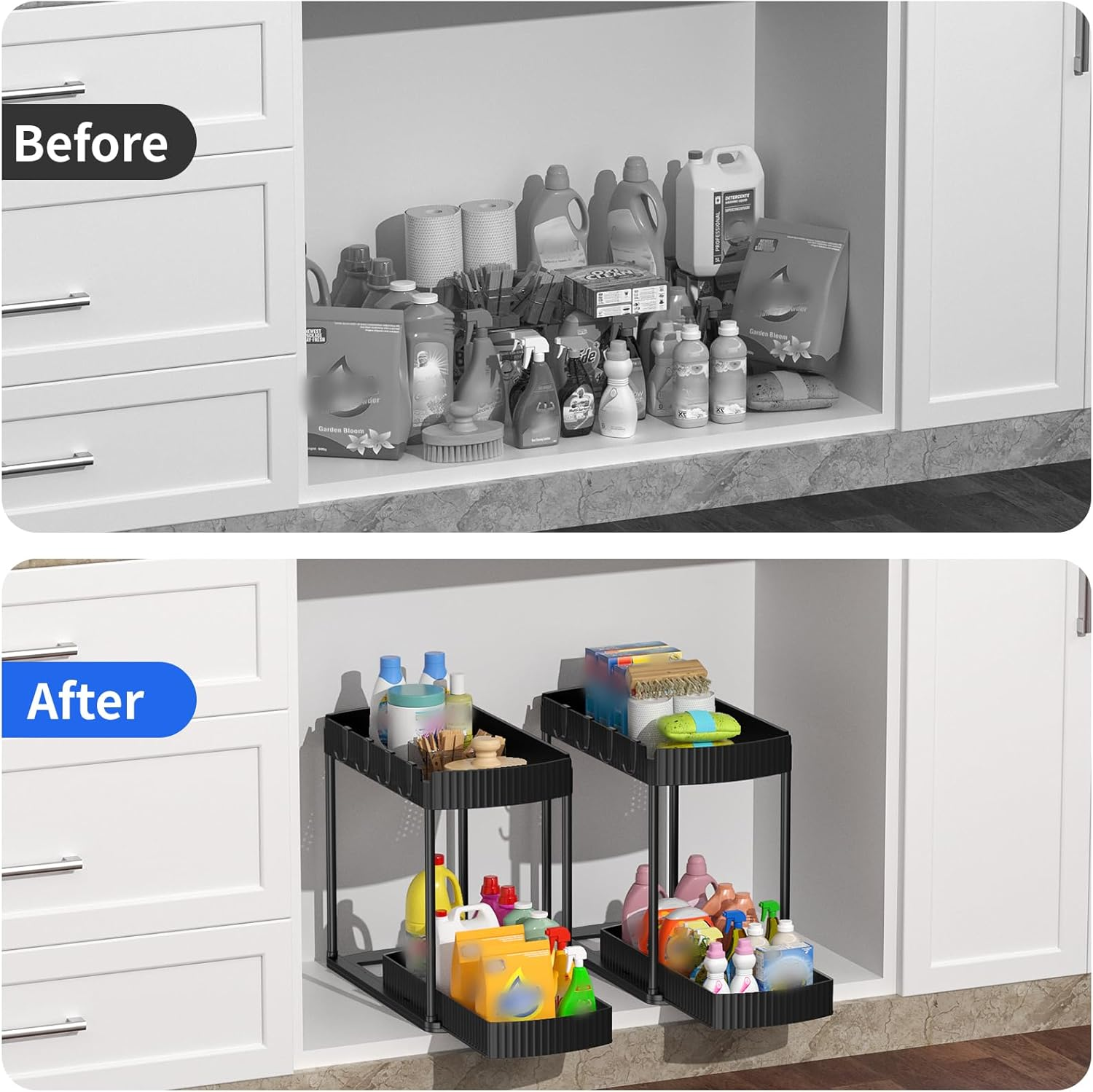 Under Sink Organizer Storage 2 Packs, 2-Tier Shelf with 4 Hanging Hooks, under Slid Cabinet Basket Rack for Bathroom Kitchen image number 6