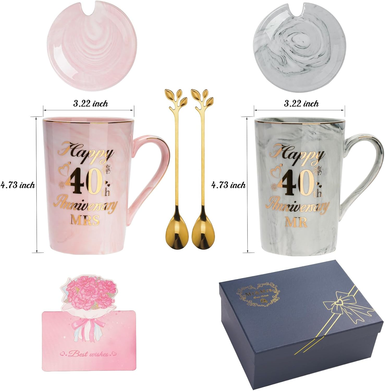 Ruby Anniversary Wedding Gifts, 40Th Anniversary Wedding Gift, 2PCS Happy 40Th Weddin-G Anniversar-Y Mr Mrs Gift Marble Ceramic Cups Set 14Oz, Ruby Anniversar-Y Couple Gifts for Parents, Grandparents - 20Th image number 6