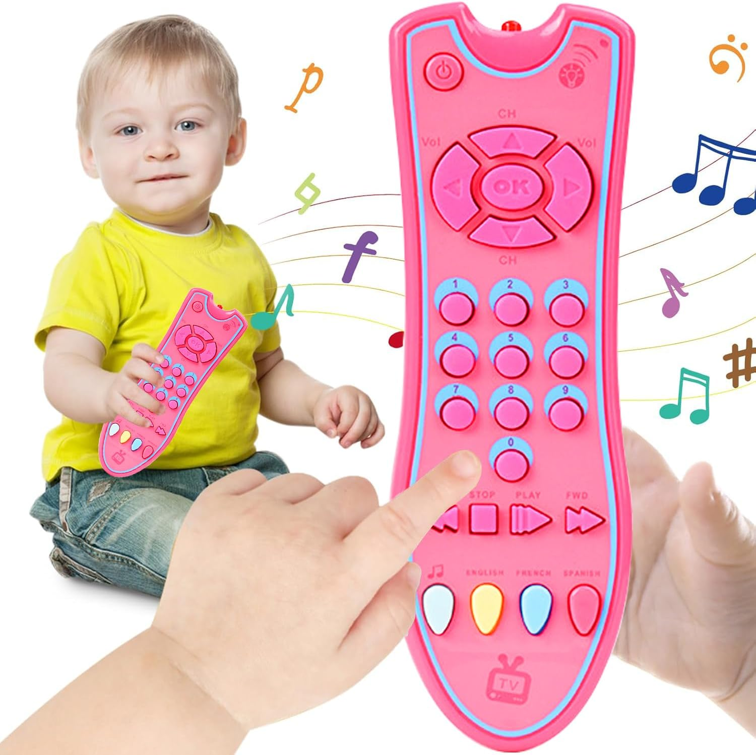 Kids Realistic TV Remote Control Toy with Musical Sound and Soft Light, Early Educational Toy with English Spanish and French 3 Language, Sensory Learning Toys for 6 12 18 Months+ Toddlers (Pink)