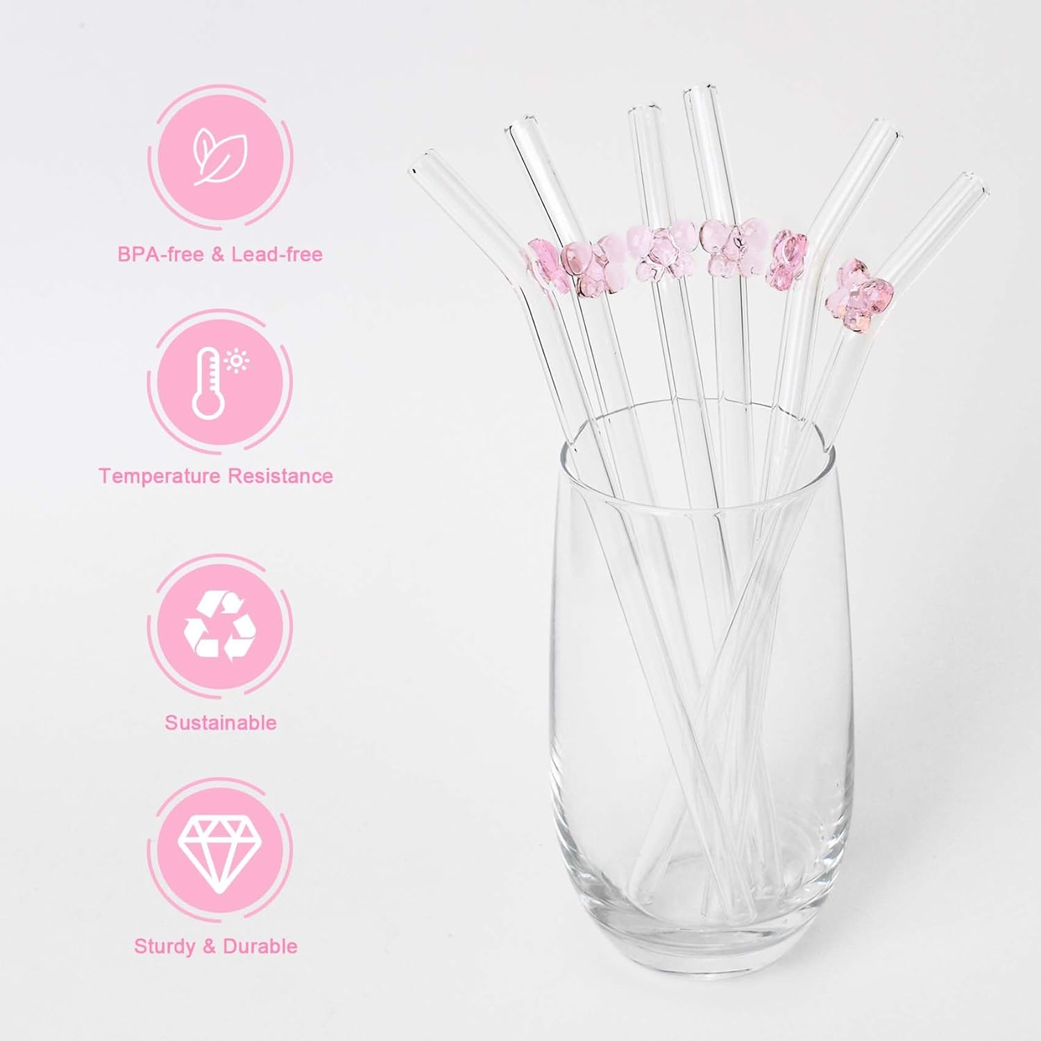 6 Pcs Glass Straws Shatter Resistant with Cute Pink Bow, Reusable Straw Dishwasher Safe with 2 Cleaning Brushes for Pink Lover, Juice, Summer Beach, Birthday Party image number 1