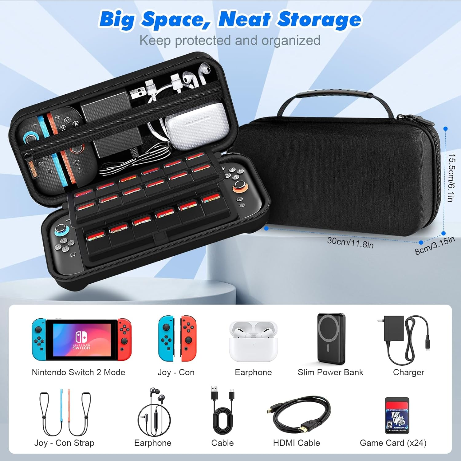 Large Capacity Carry Case for Nintendo Switch 2, Hard Shell Travel Case for Switch 2 with 1 Screen Protector with Alignment Frame, 2 Silicone Joypads Case, 4 Thumb Grip Caps, 1 Cleaning Wipe image number 5