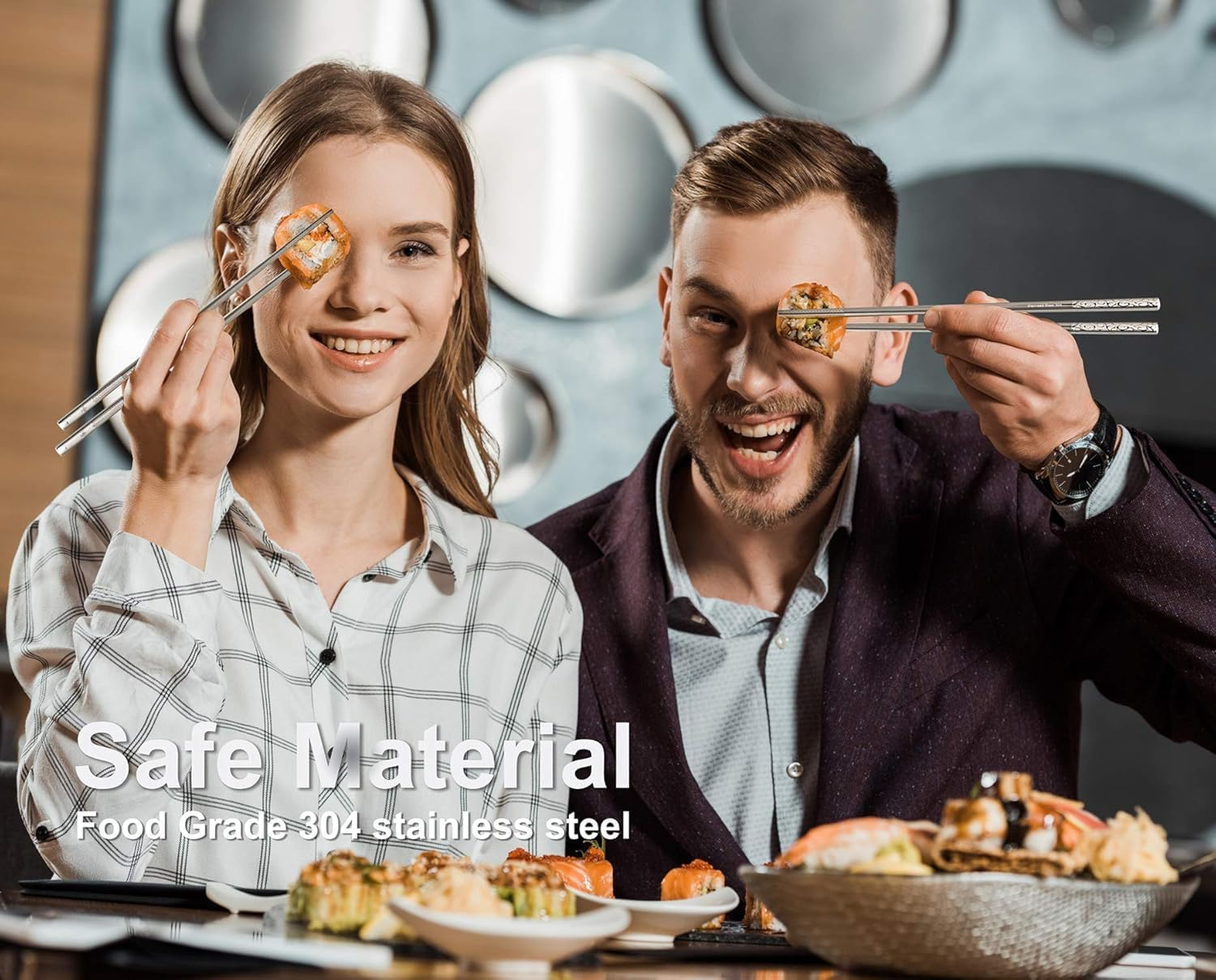 Metal Chopsticks Reusable 10 Pairs Stainless Steel Chopsticks Dishwasher Safe Square Lightweight Non-Slip Chop Sticks Gift Set (Silver) image number 2