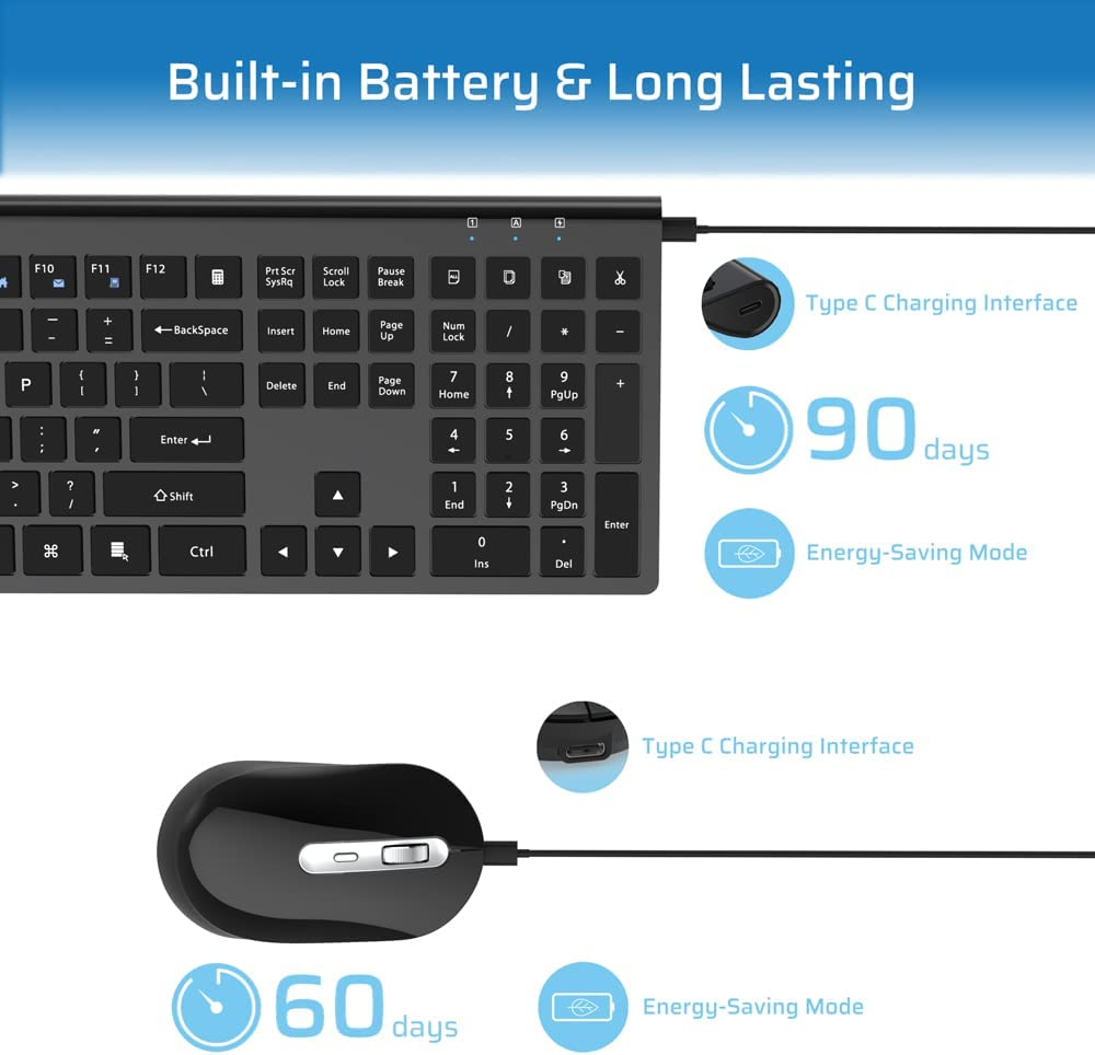 Rechargeable Wireless Keyboard and Mouse Combo,Ergonomic Full Size Design Wireless Keyboard with Number Pad Wireless Keyboard and Mouse for MAC Windows Black image number 2