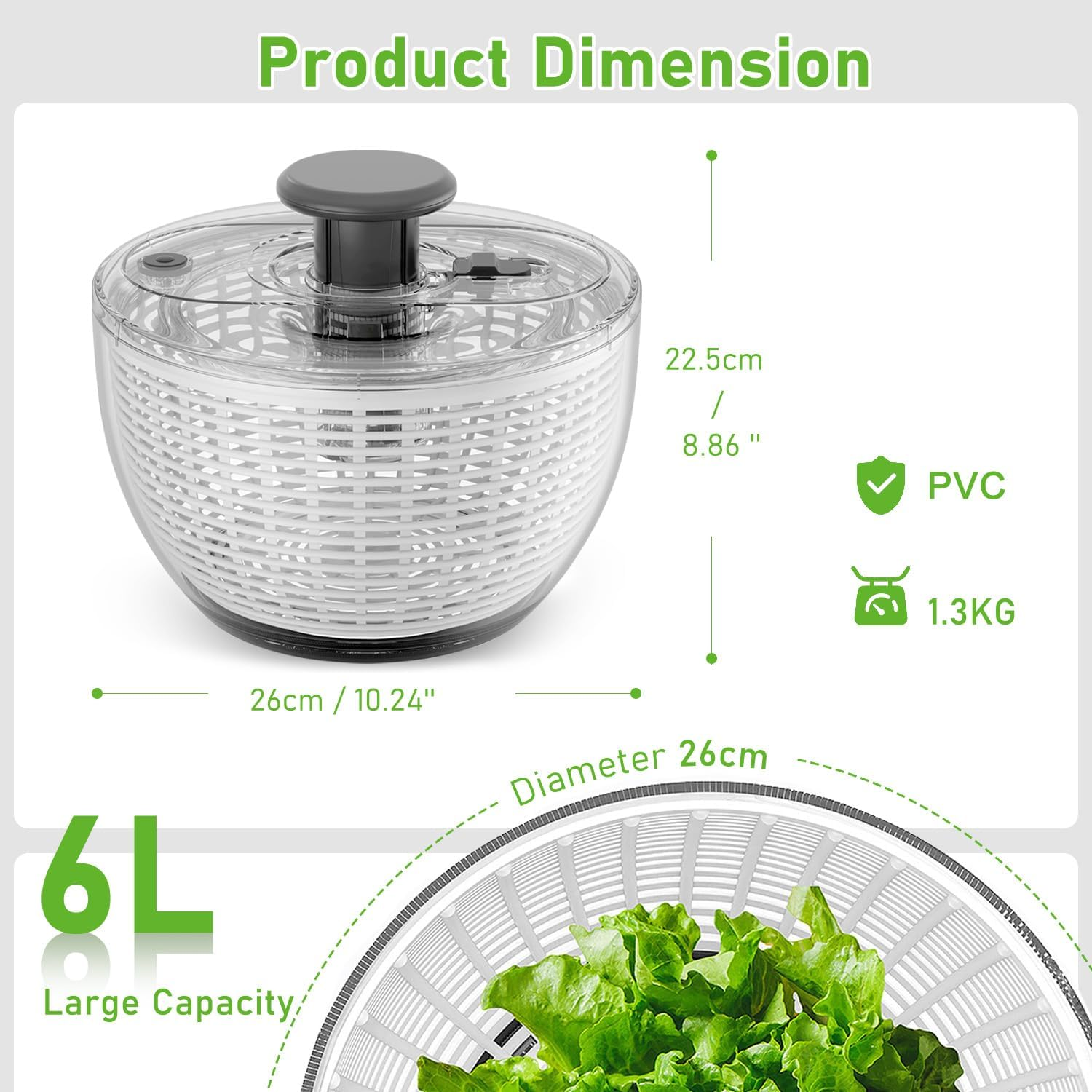 Salad Spinner, 6L Large Capacity, Quick and Easy Vegetable Washer Dryer, Thickening, Non-Slip Bowl Bottom, Kitchen Gadgets Drain and Store 2 in 1 image number 3