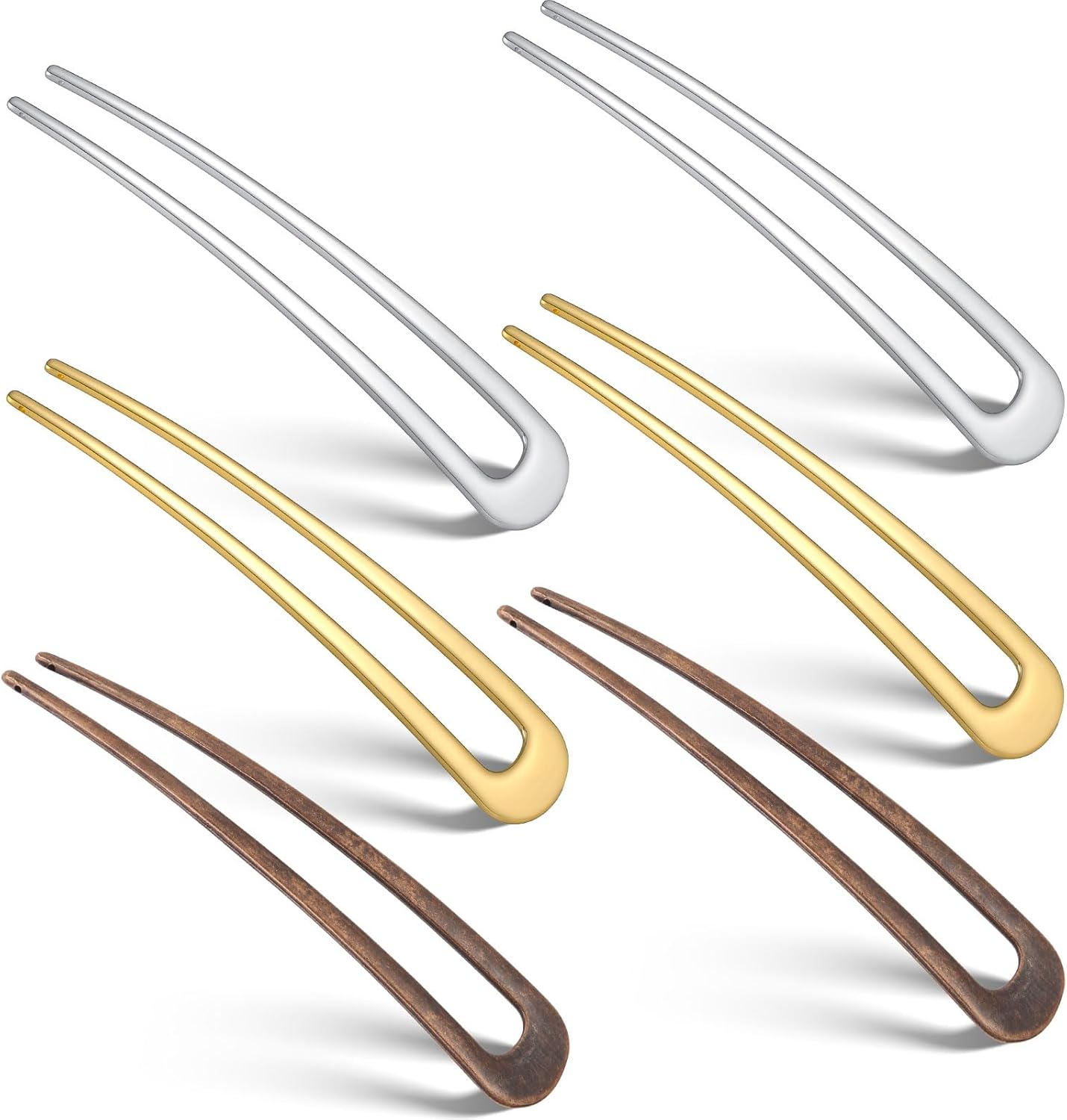WILLBOND 6 Pcs French Hair Pins for Women French Twist Hairpins 4 Inch Metal Hair Forks U Shaped Long Chignon 2 Prong Sticks Hairpin for Lady Hairstyle Accessories(Gold, Silver)