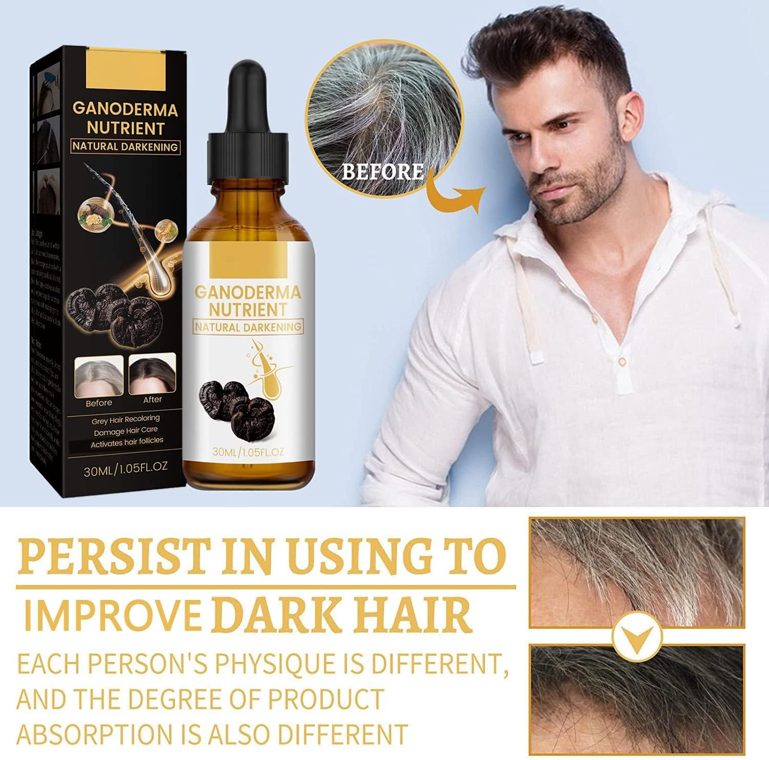 Anti-Grey Hair Treatment 30Ml,Restore Hair Natural Color, Ganoderma Nutrient Natural Darkening,Grey Hair Coverage Serum Promotes Fuller