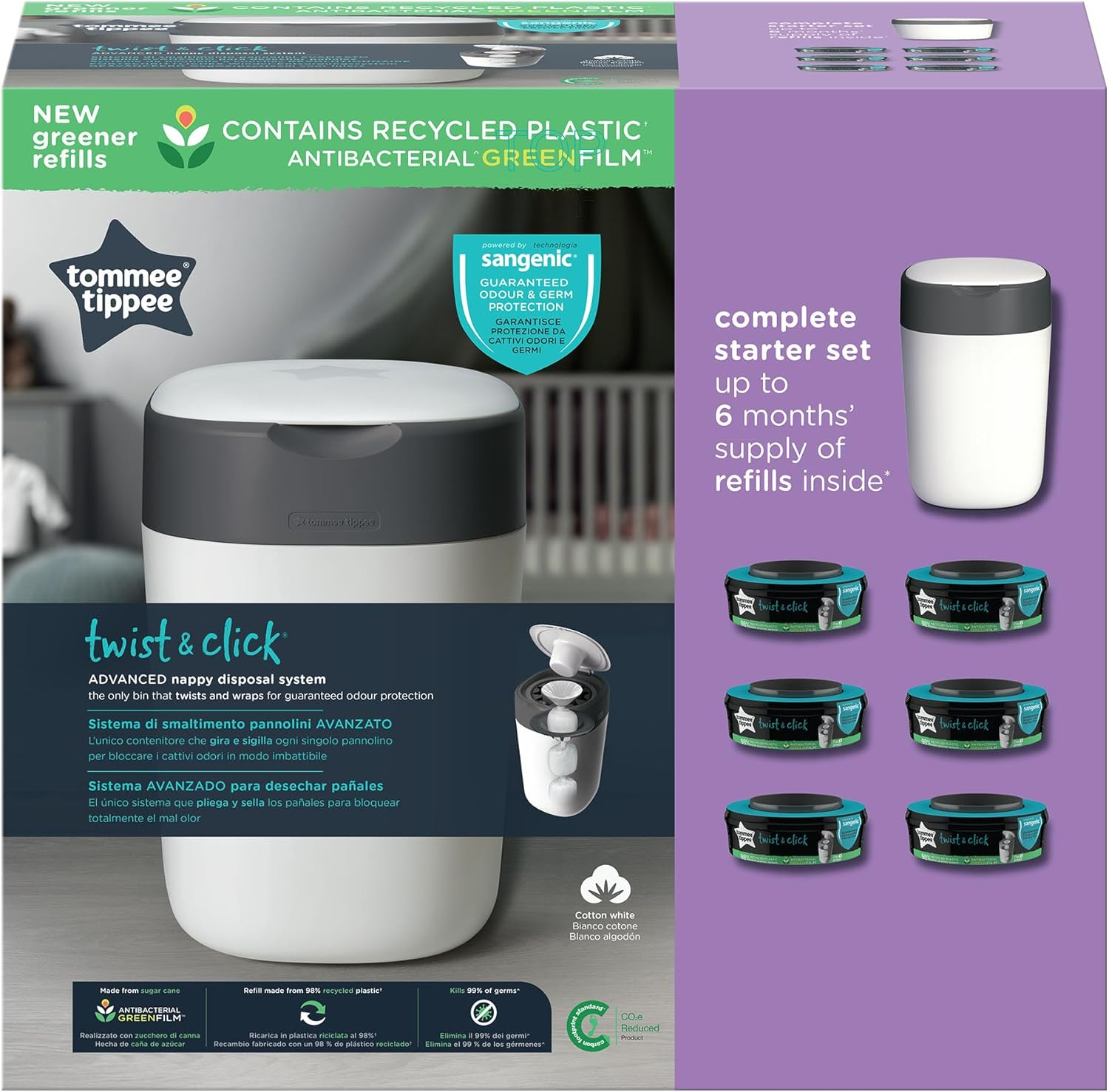 Tommee Tippee Twist and Click Nappy Bin Starter Set, White, with X6 Refill Cassettes, Odour and Germ Protection, Antibacterial Film, 100% Recycled Chassis, (Pack May Vary) image number 4