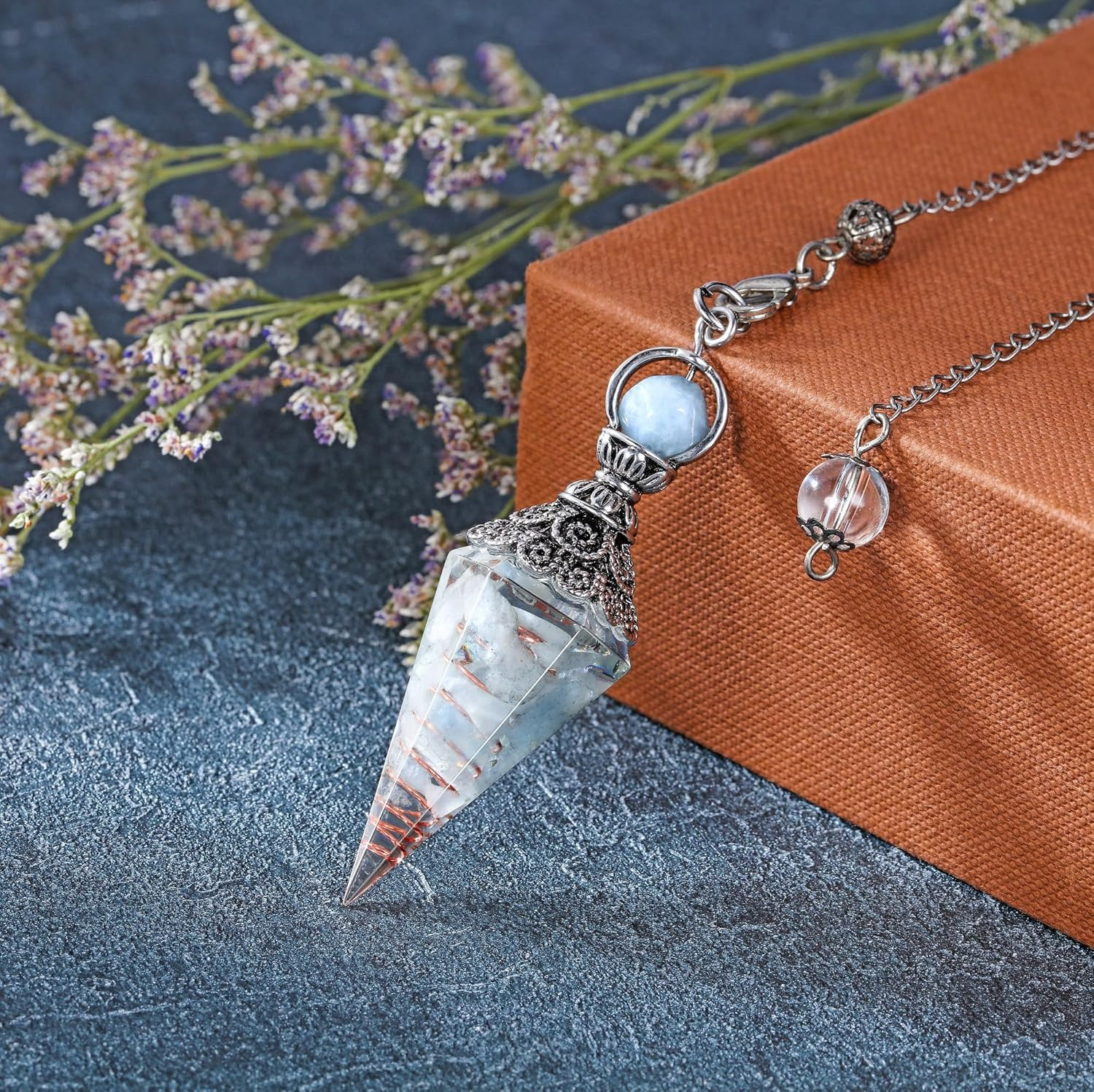 GEHECRST Natural Aquamarine Healing Crystal Dowsing Pendulum Reiki Gemstone Chips Orgone 6 Faceted Hexagonal Pointed Cone Resin Spiritual Pendant for Divination, Wicca, Energy Balancing (AKUS9022) image number 4